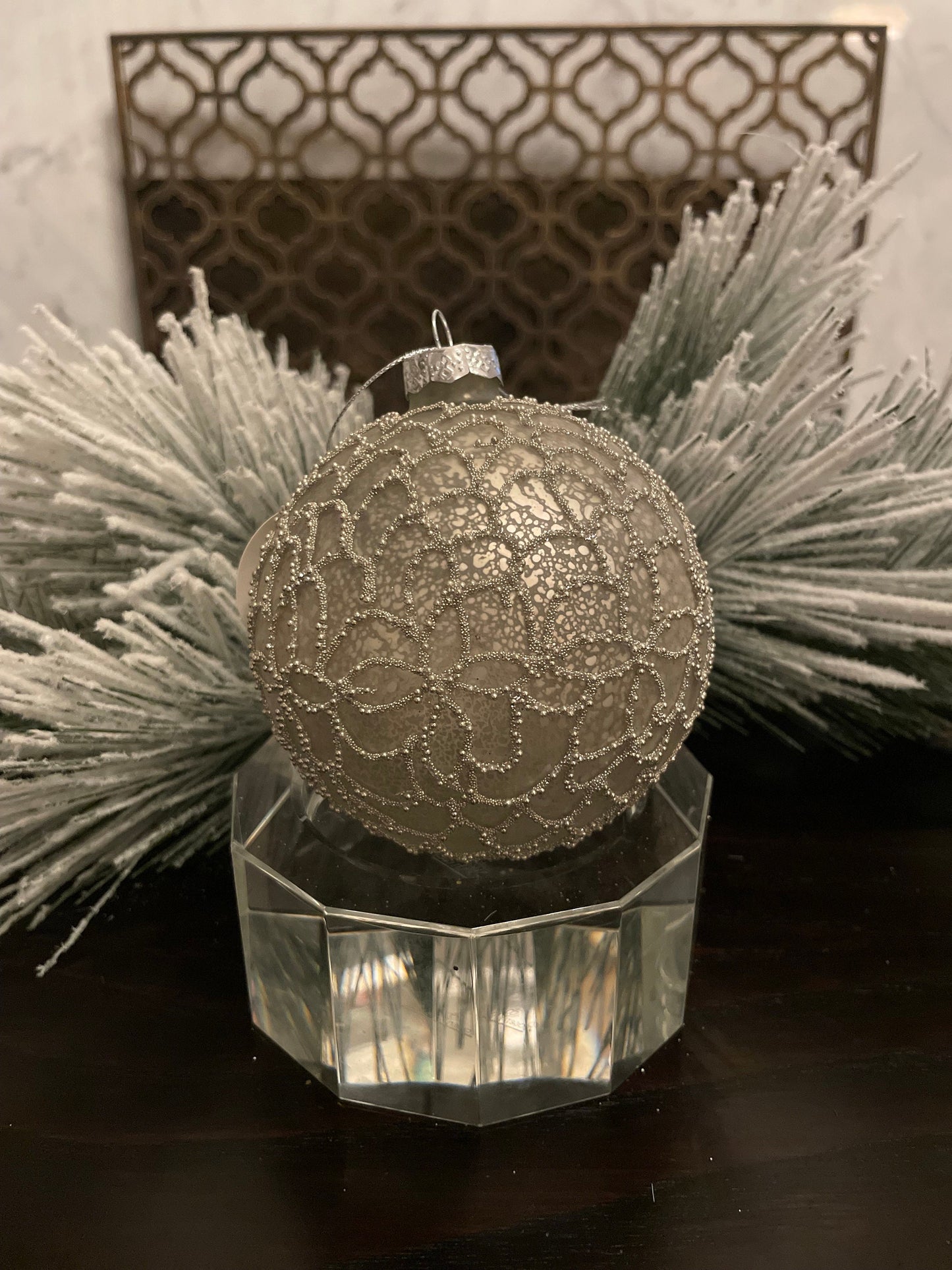 Set of 2. 4" Glass mercury crystal ball ornament. Platinum.