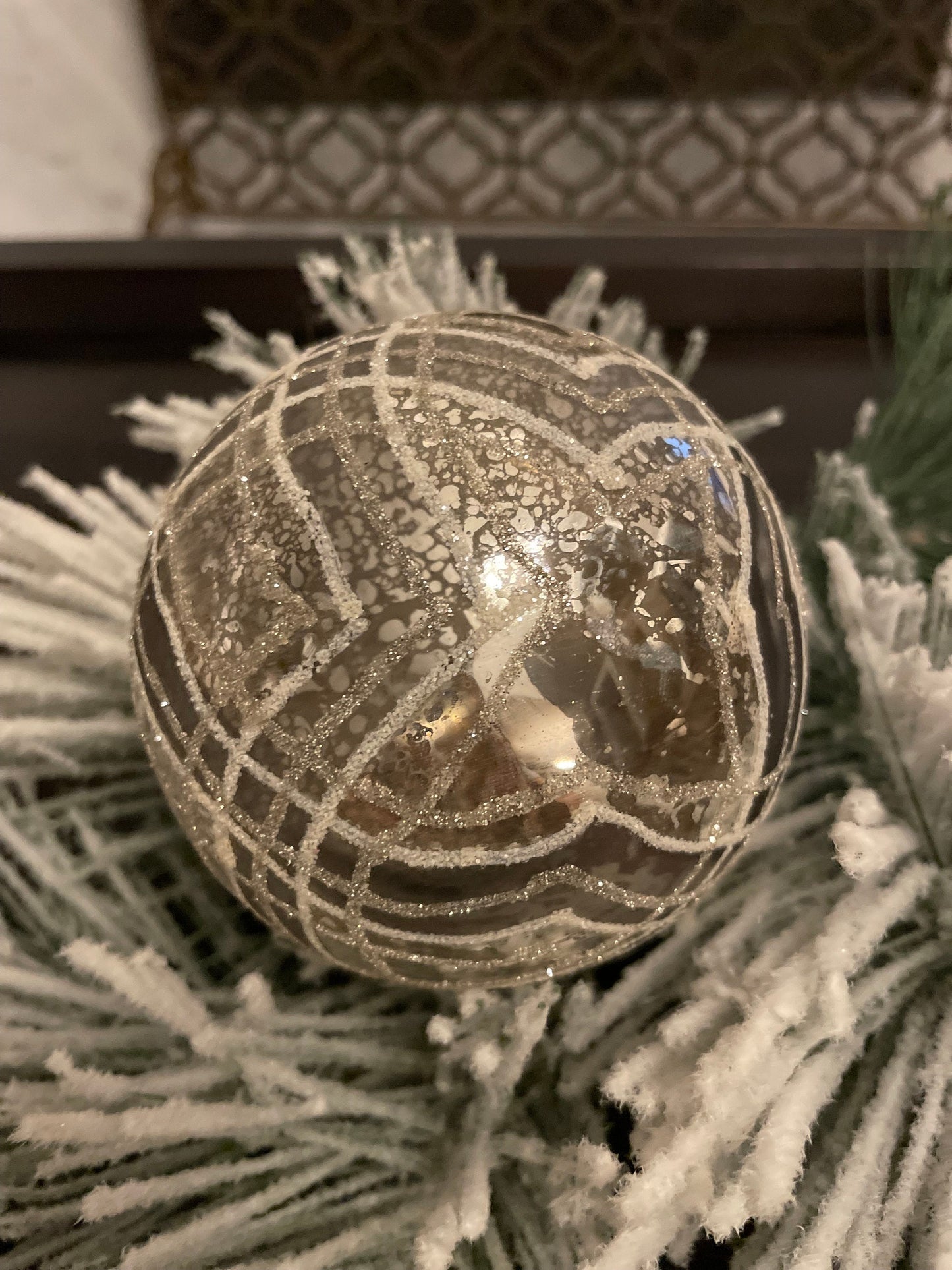 Set of 2. 4" Glass diagonal plaid ball ornament.