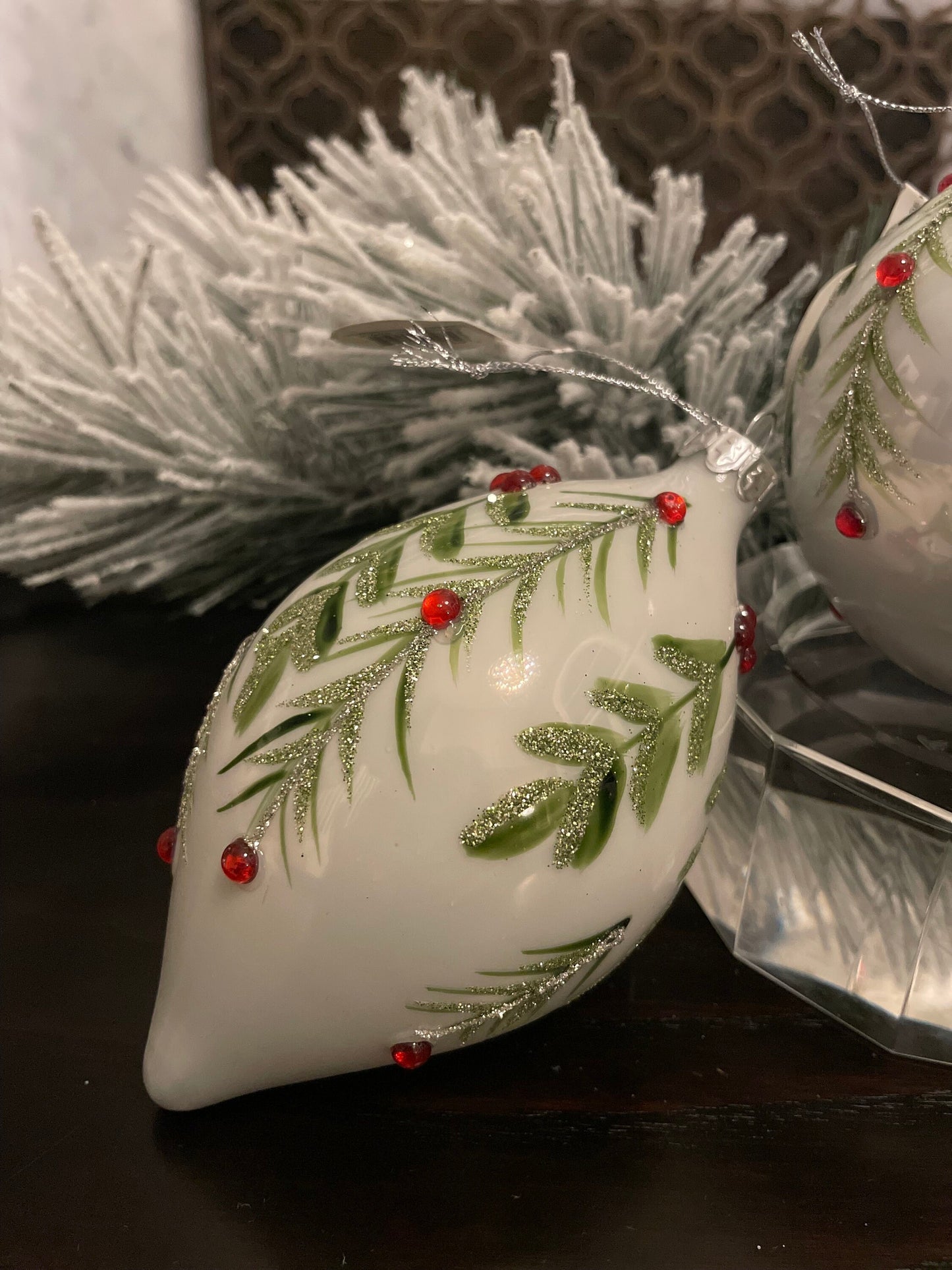 Set of 2. 4”-6” Glass berry/leaf final and ball ornaments. White, green and red.