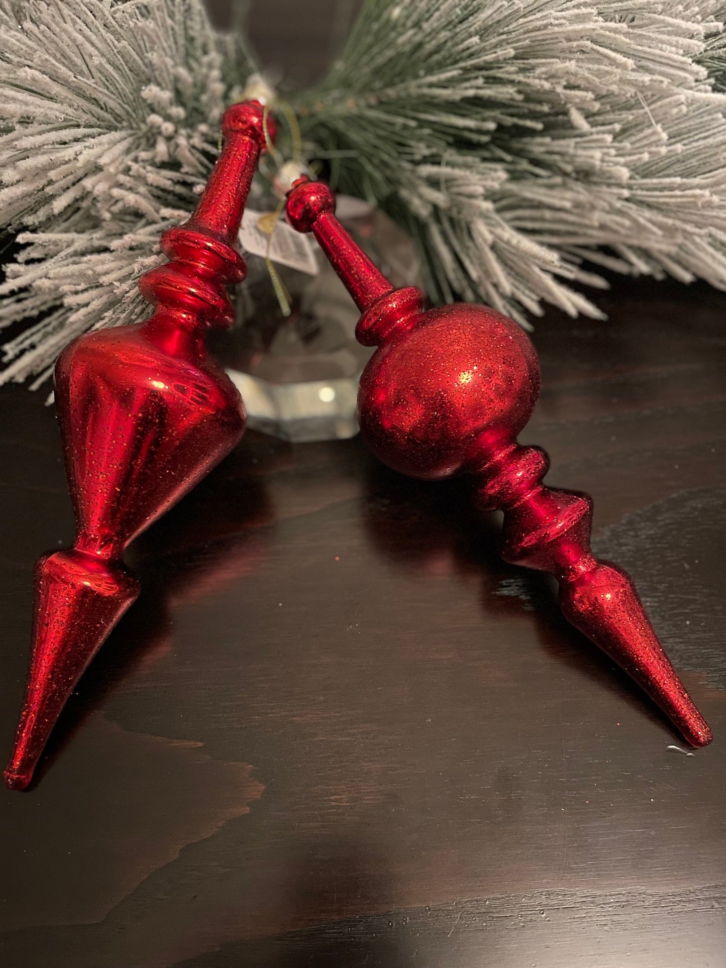 Set of 2. 12” Red textured finial glass ornament.