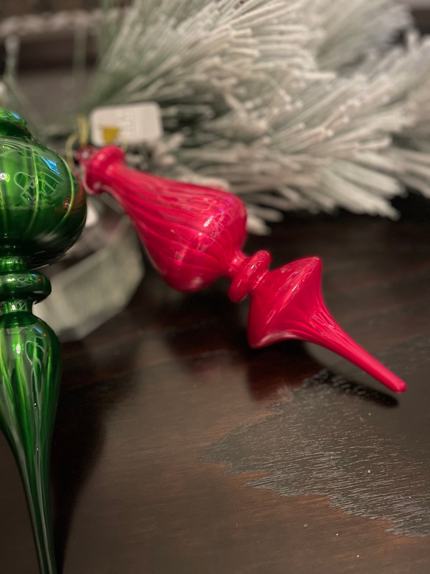Set of 3. 9.75” Blown glass finial ornament. Pink, green and orange-red.