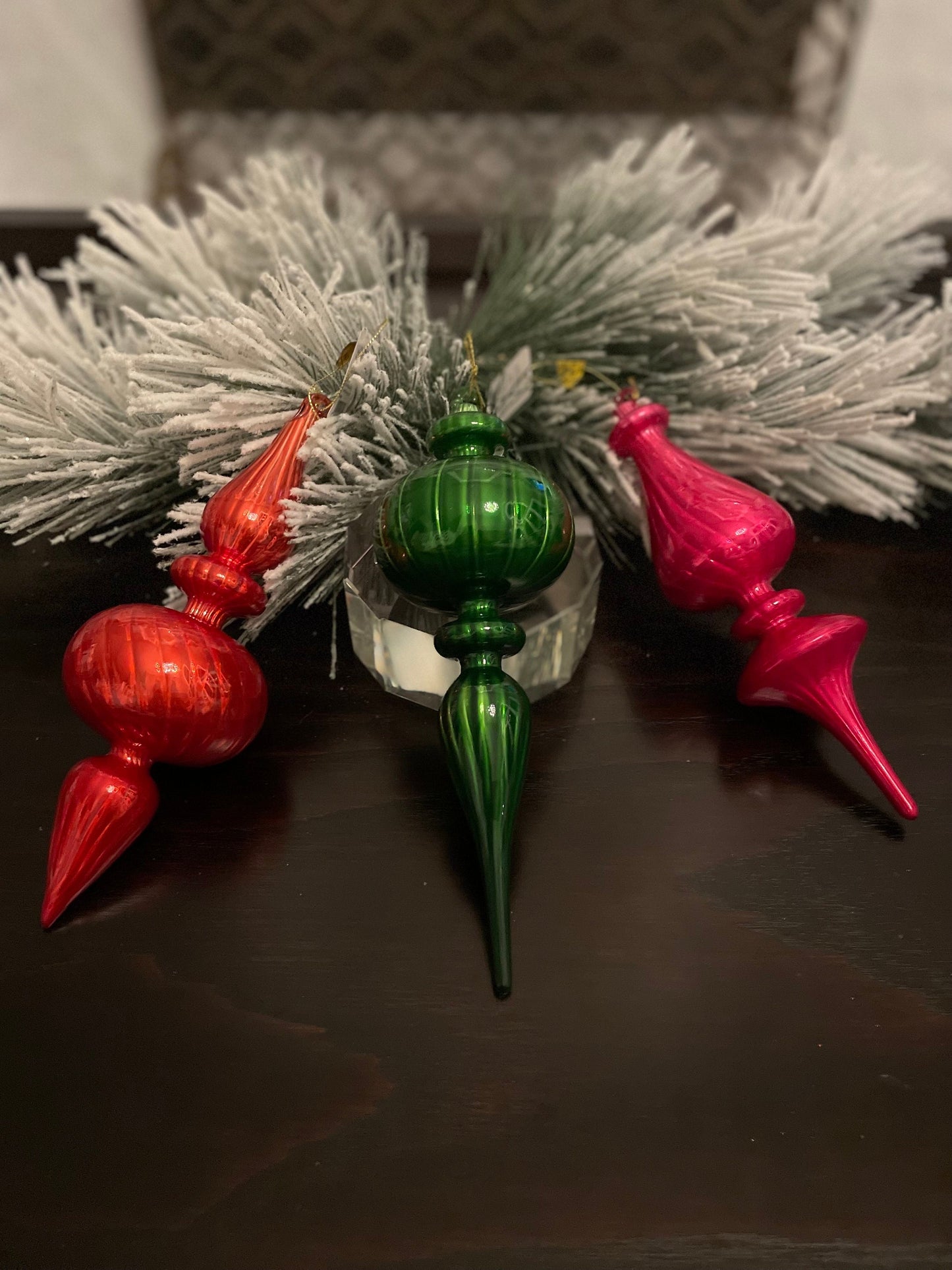 Set of 3. 9.75” Blown glass finial ornament. Pink, green and orange-red.