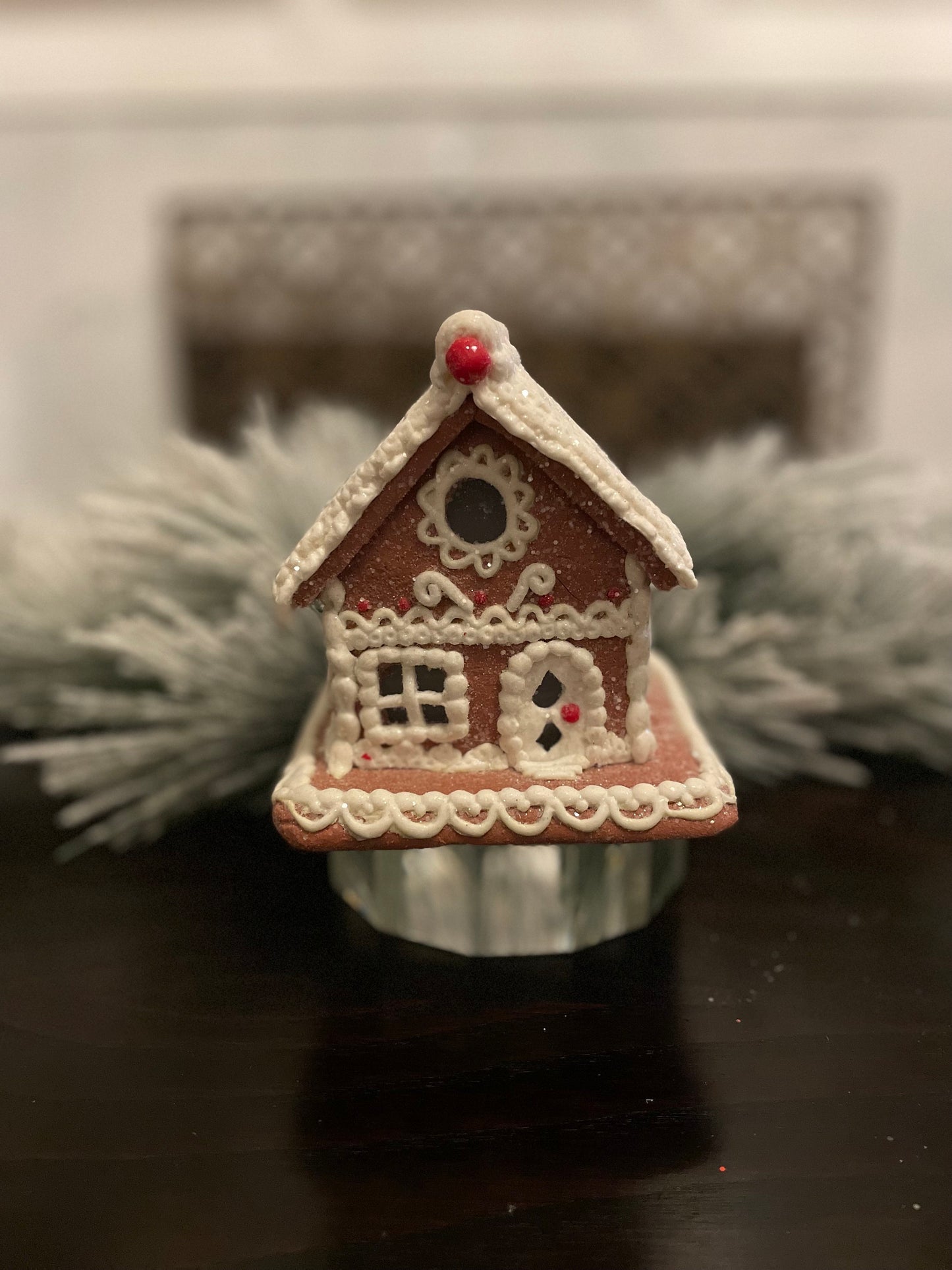 Set of 2. 6.5” Gingerbread lighted house with white icing.