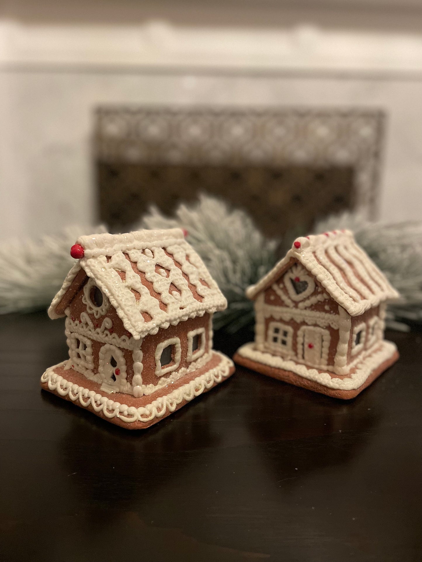 Set of 2. 6.5” Gingerbread lighted house with white icing.