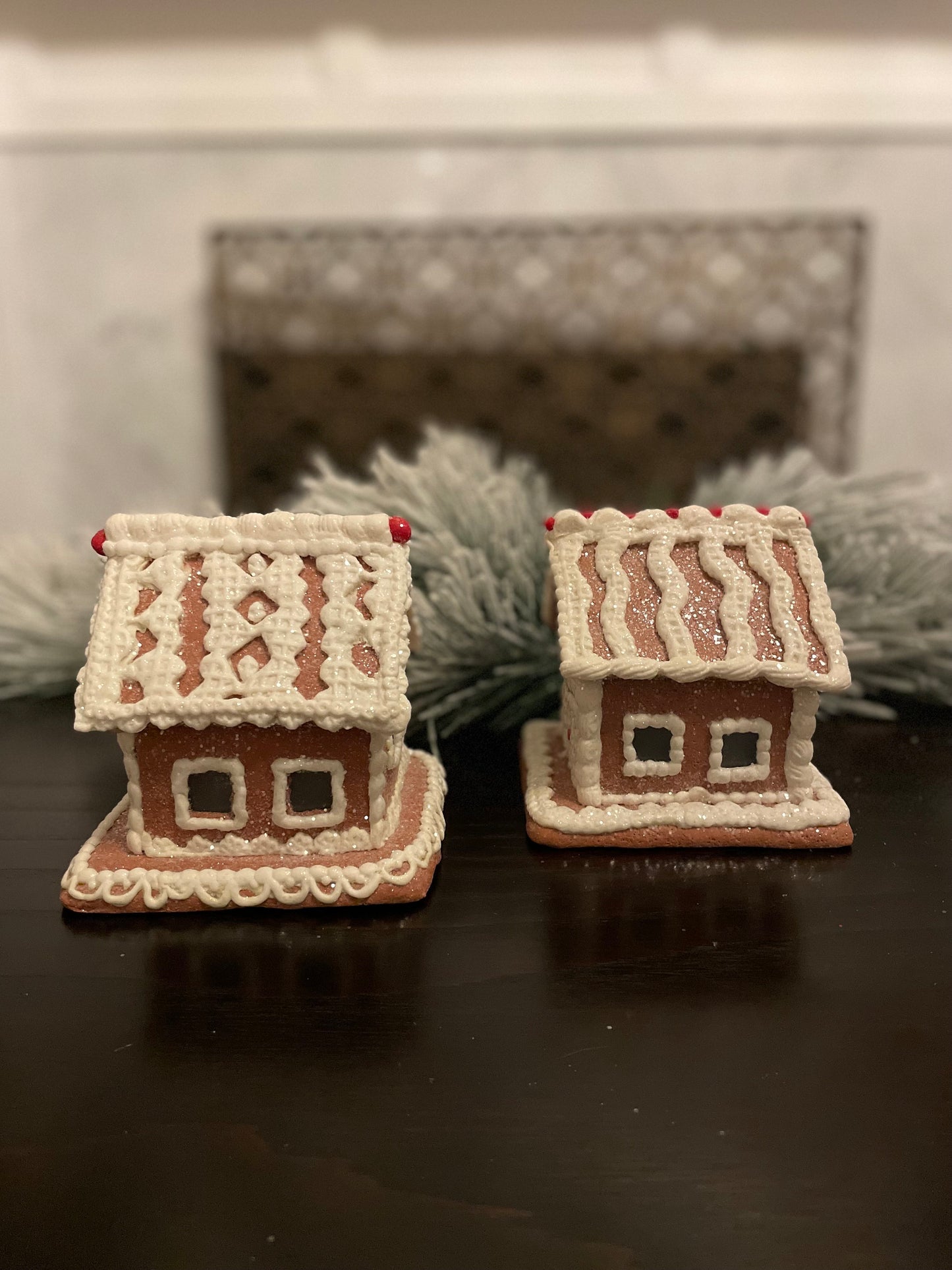 Set of 2. 6.5” Gingerbread lighted house with white icing.