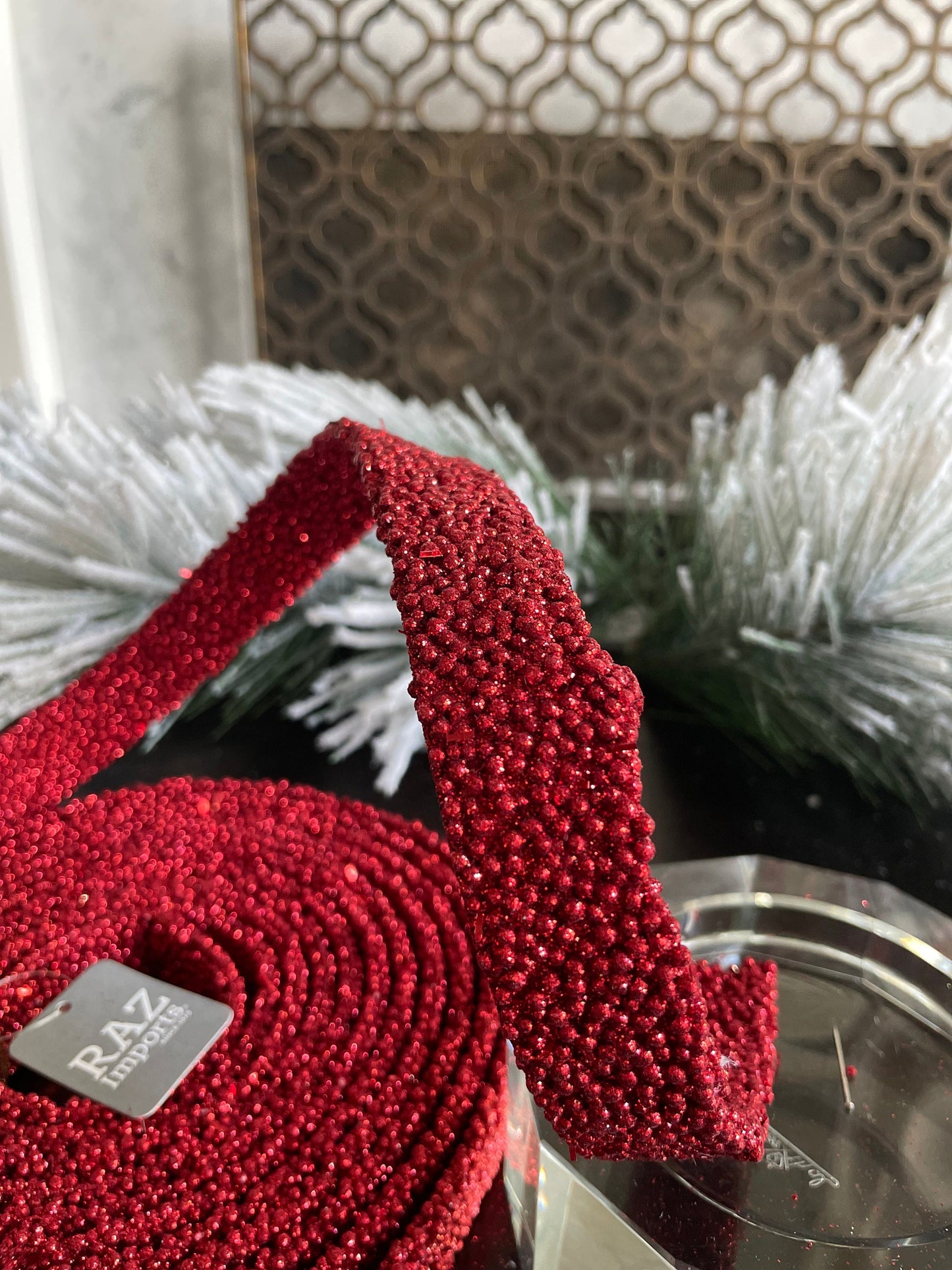 15’ L x 1”W Red beaded garland. Raz.