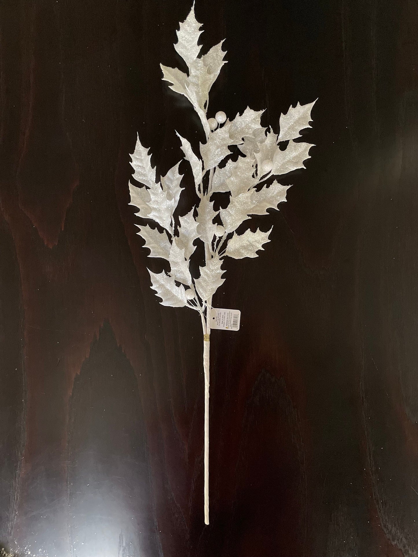 29” White glittered holly spray.