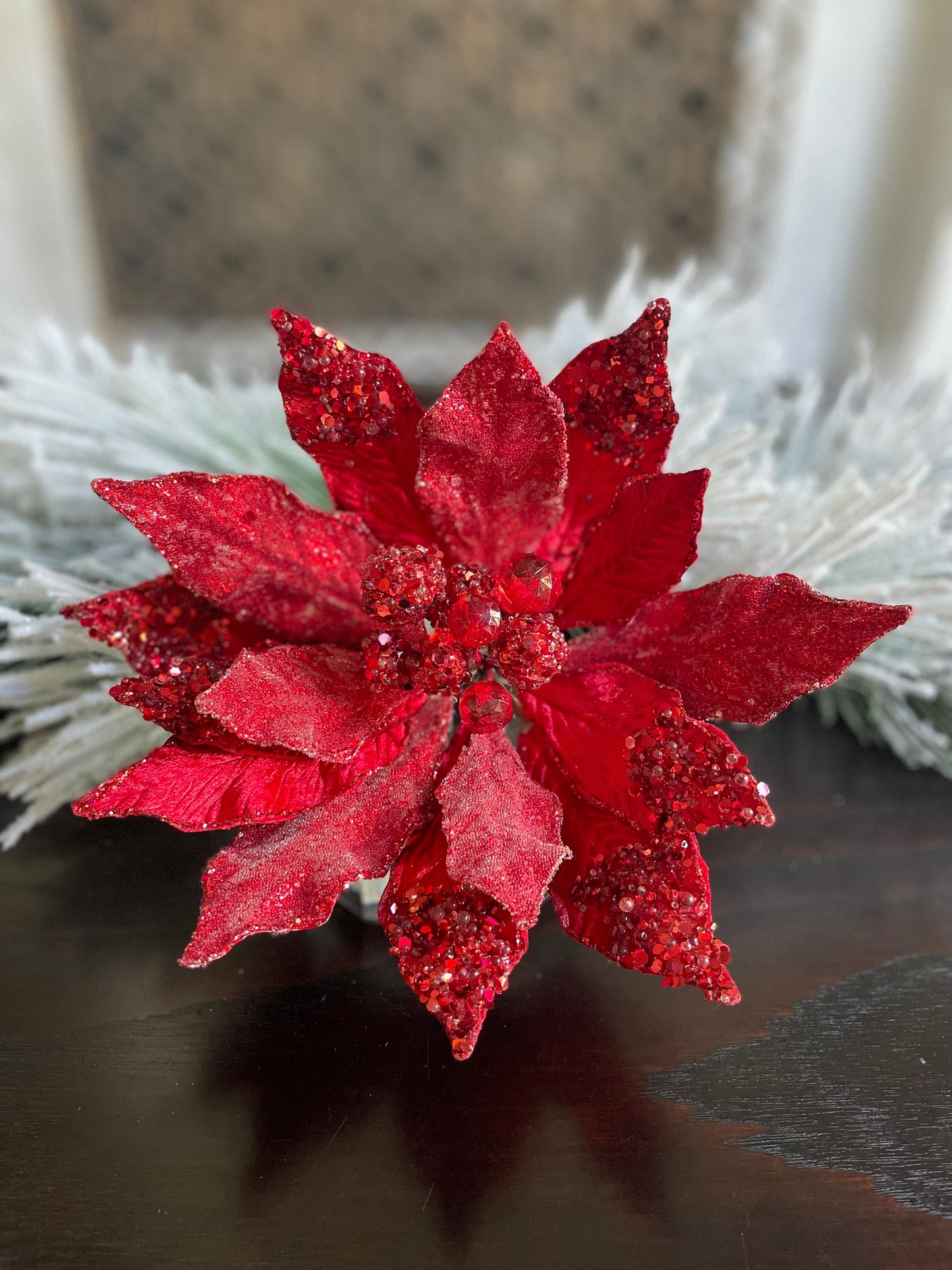 18" Heavy jeweled poinsettia stem. Red.