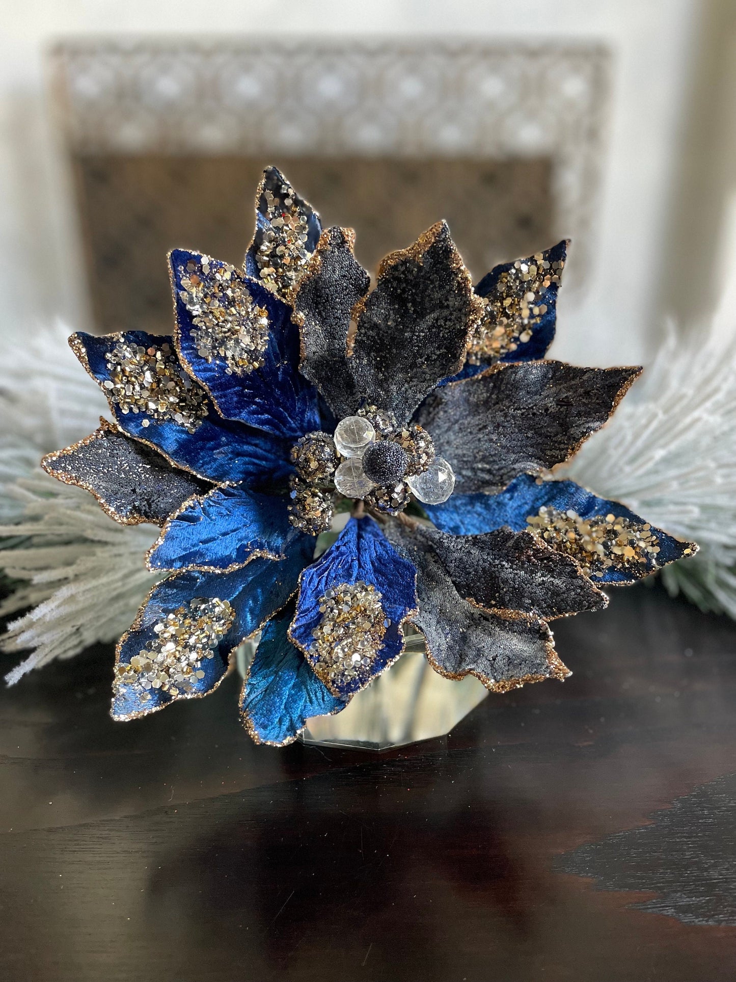 18" Heavy jeweled poinsettia stem. Sapphire and gold.