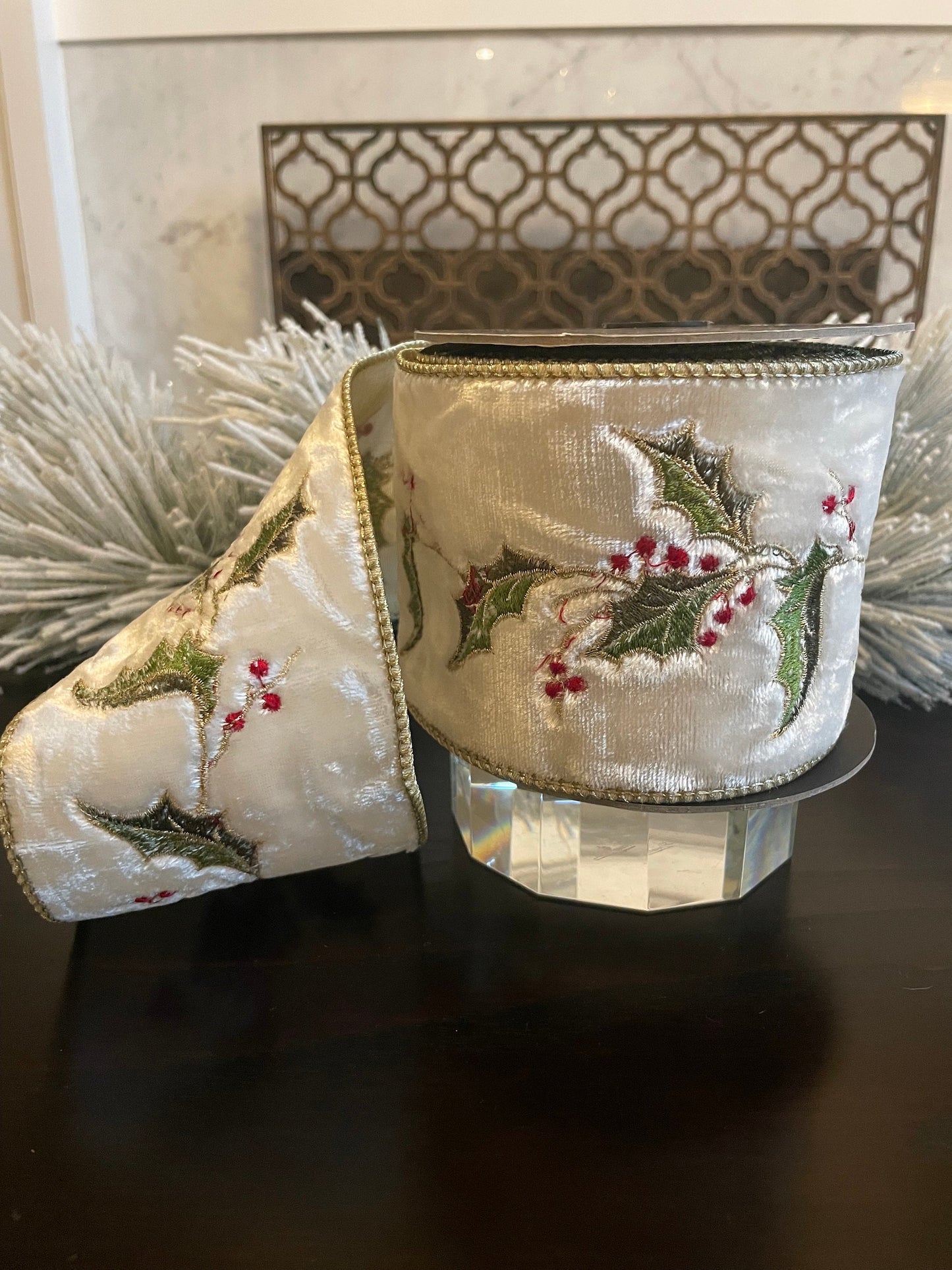4” x 5 yds Ribbon Holly embroidery ivory-gold. Wired. D. Stevens.
