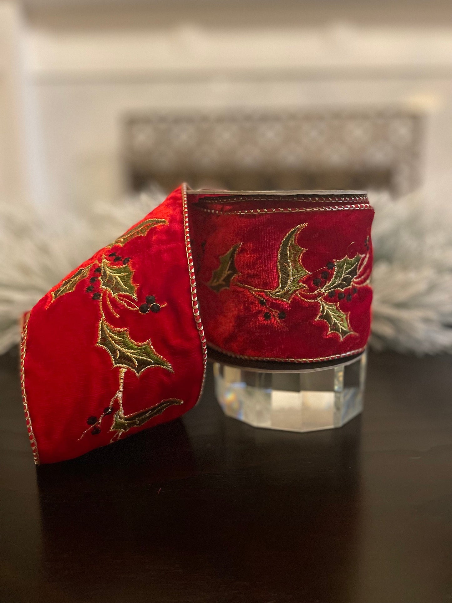 4” x 5 yds Ribbon Holly embroidery red-gold. Wired. D. Stevens.