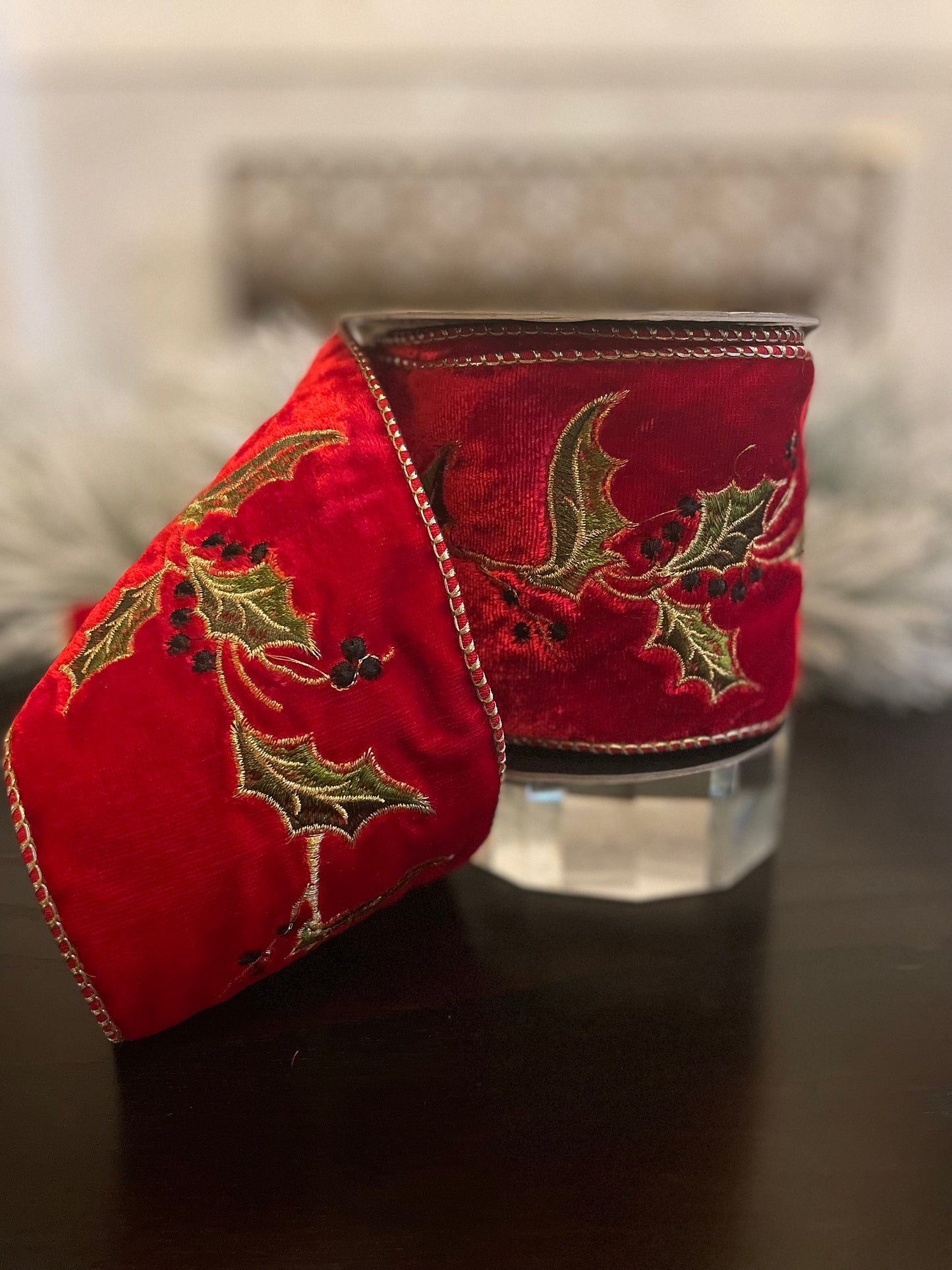 4” x 5 yds Ribbon Holly embroidery red-gold. Wired. D. Stevens.