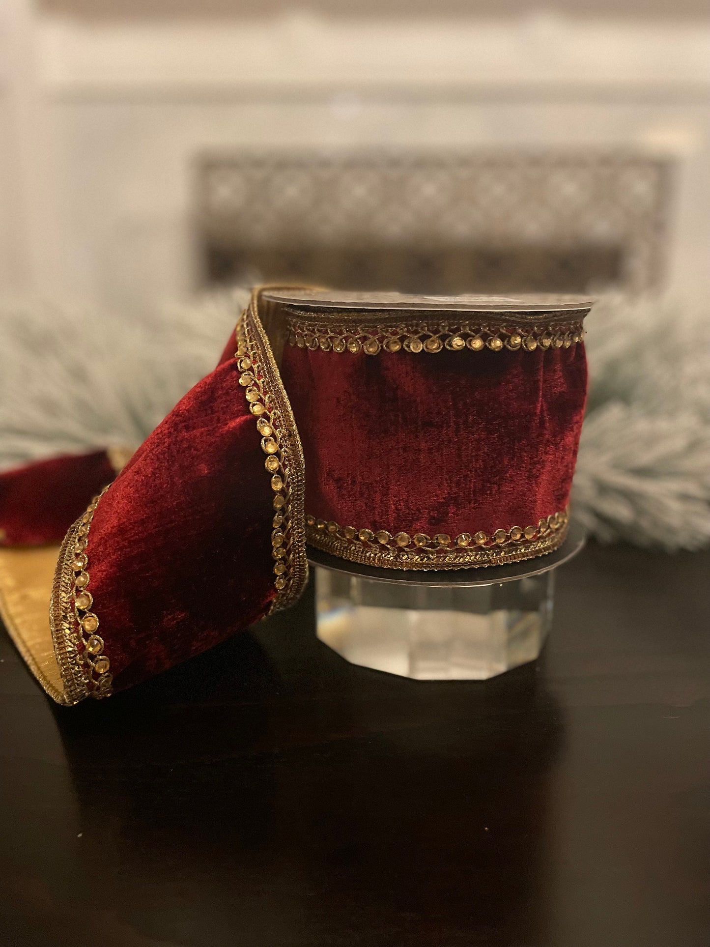 4” x 5 yds Ribbon velvet jewel side trim burgundy. Wired. D. Stevens.