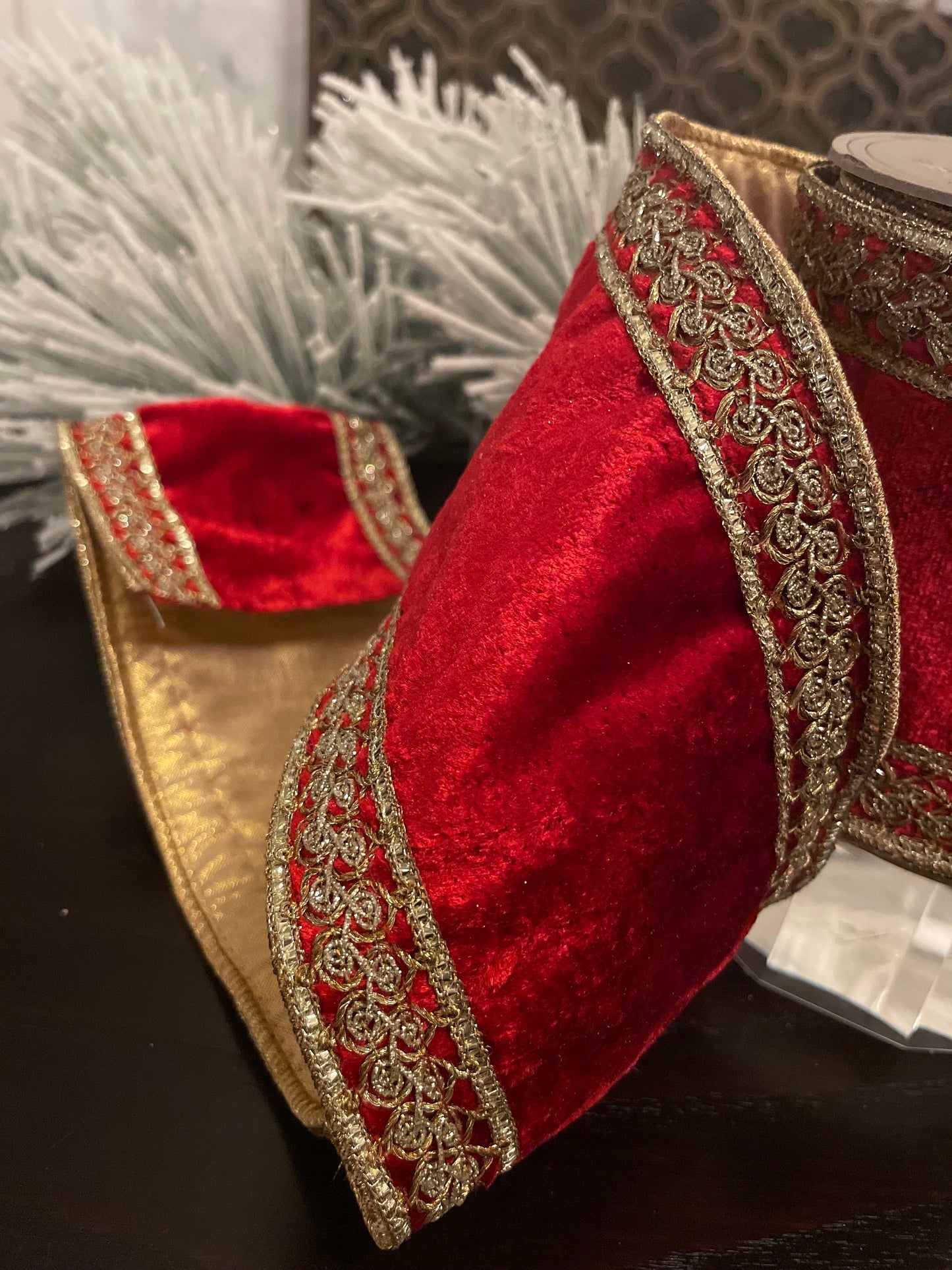 4” x 5 yds velvet embroidery gold side trim red. Wired. D. Stevens.