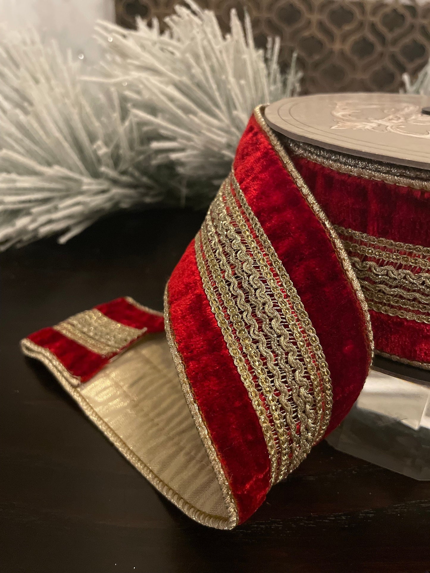 2.5” x 10 yds Designer ribbon velvet verona red with gold trim . Wired. D. Stevens.