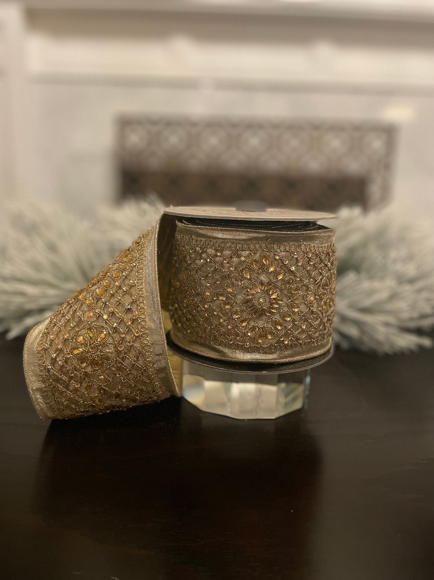 4” x 5 yds. Designer ribbon wired metallic dupion sequin filigree, platinum. D. Stevens.