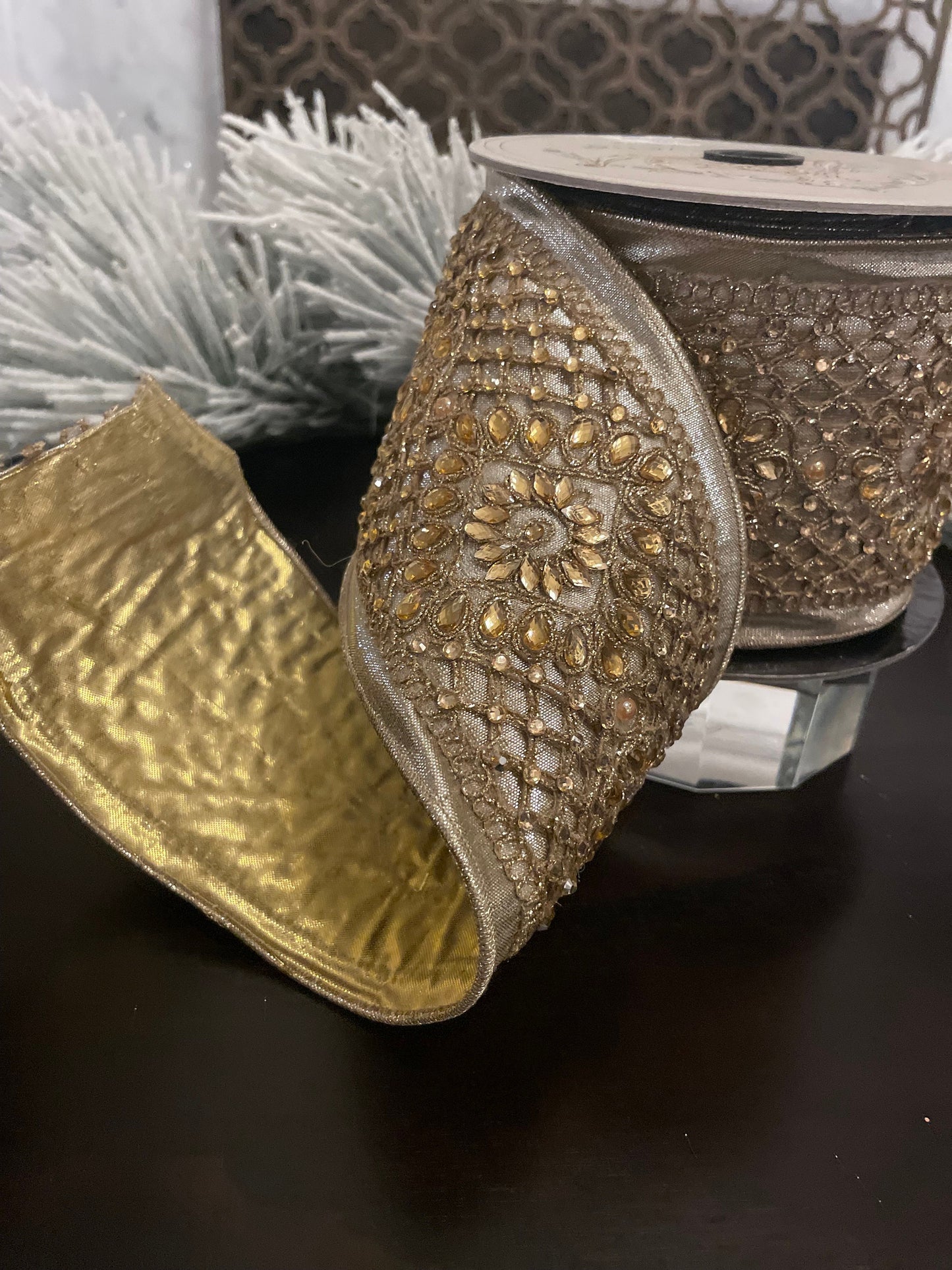 4” x 5 yds. Designer ribbon wired metallic dupion sequin filigree, platinum. D. Stevens.