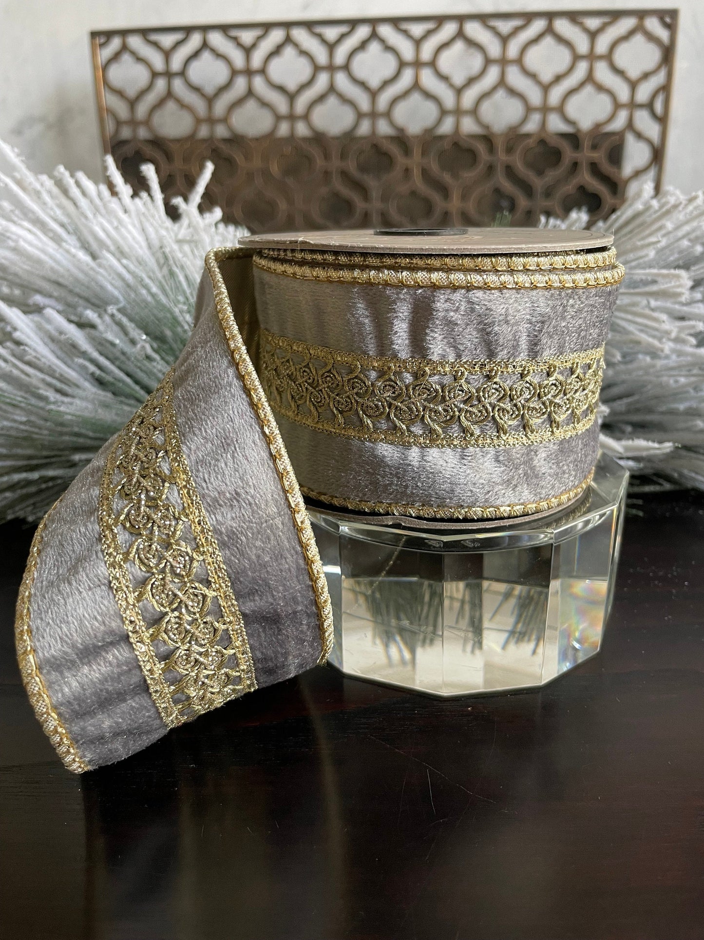 2.5” x 5 yds. Designer gray velvet ribbon with platinum center trim. Wired. D. Stevens. Gorgeous!*