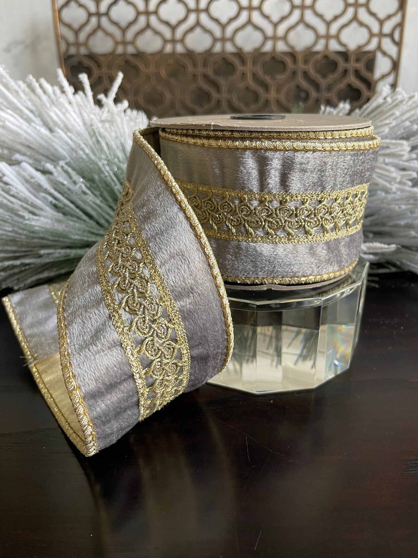 2.5” x 5 yds. Designer gray velvet ribbon with platinum center trim. Wired. D. Stevens. Gorgeous!*