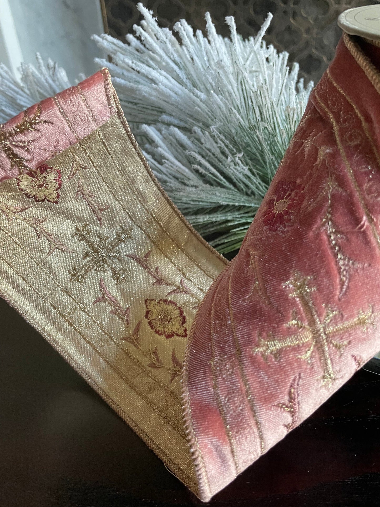4” x 5 yds. Designer velvet pink Holy Chapel gold embroidery ribbon. Wired. D. Stevens.