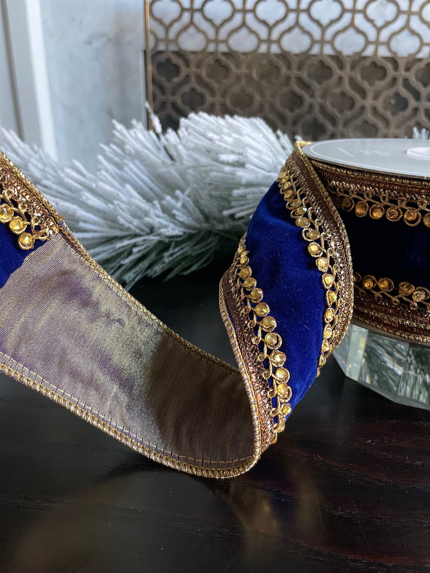 2.5” x 10 yds. Jeweled velvet wired ribbon. Royal blue. Raz.