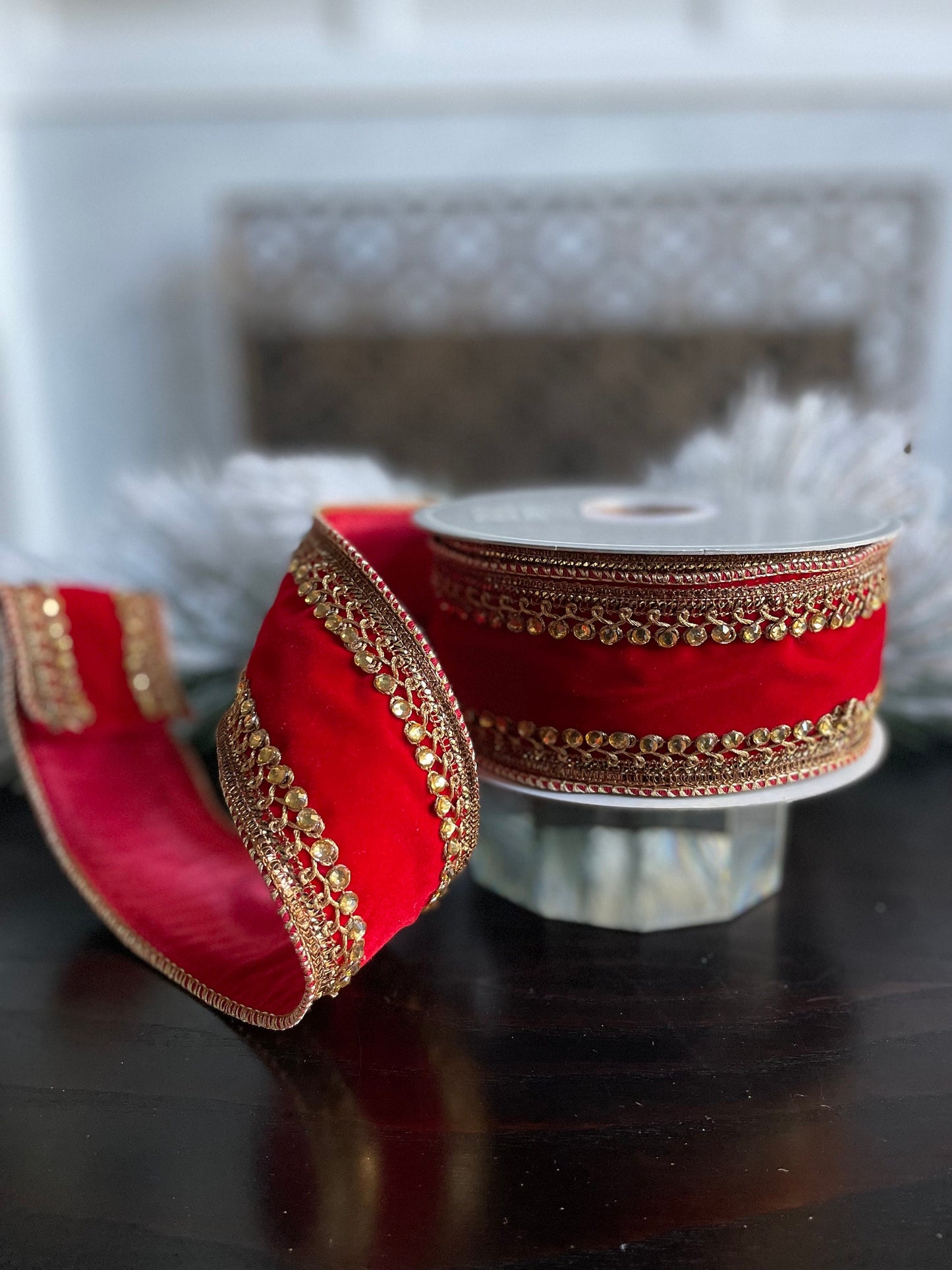 2.5” x 10 yds. Jeweled velvet wired ribbon. Red. Raz.