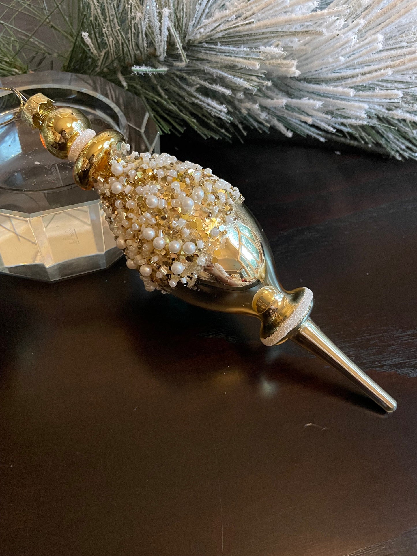 Set of 2. 9” Pearl beaded finial glass ornament. Glass. Gold.