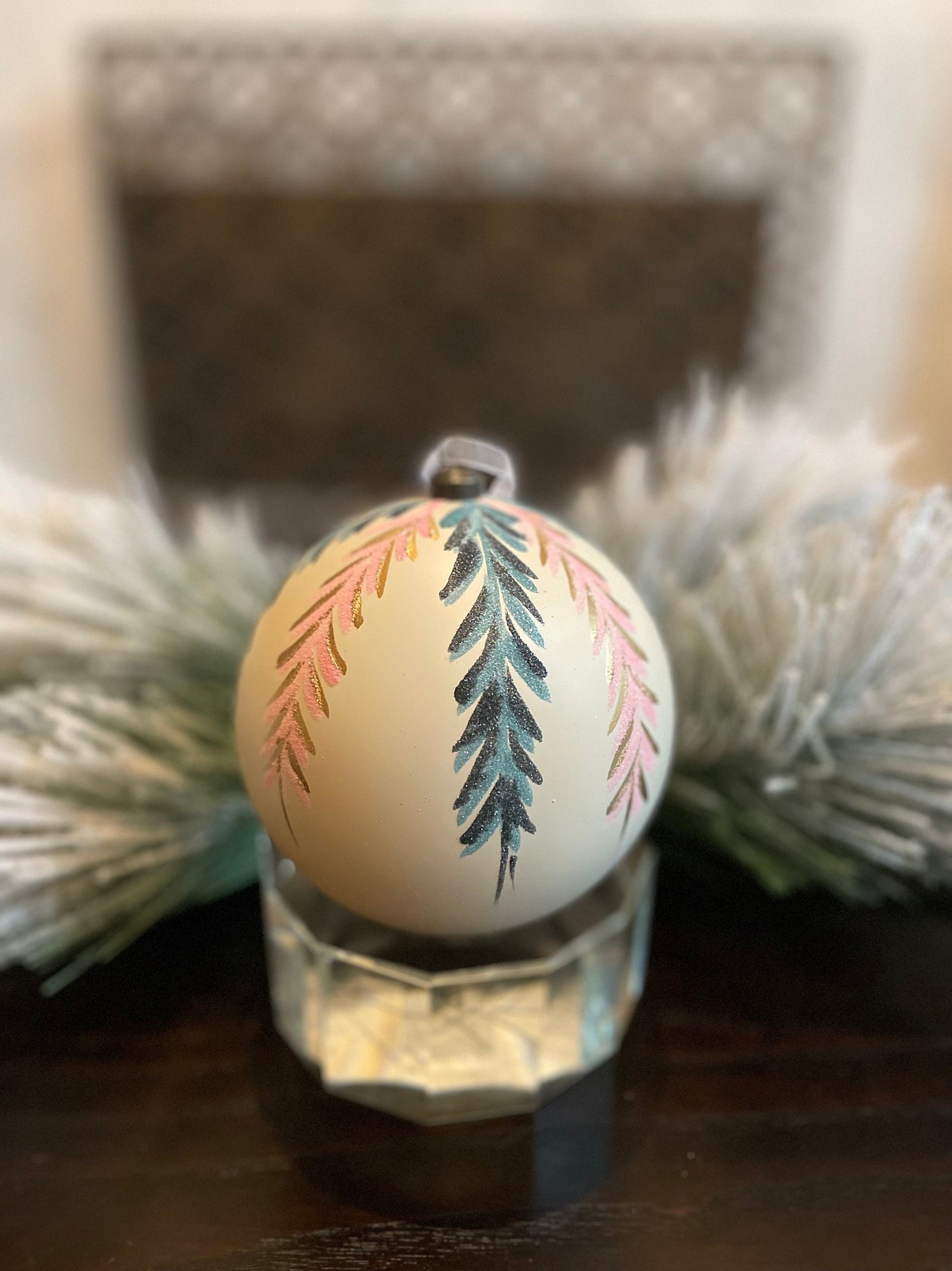 120 mm Vine ball ornament. White, pink, blue and gold. shatterproof