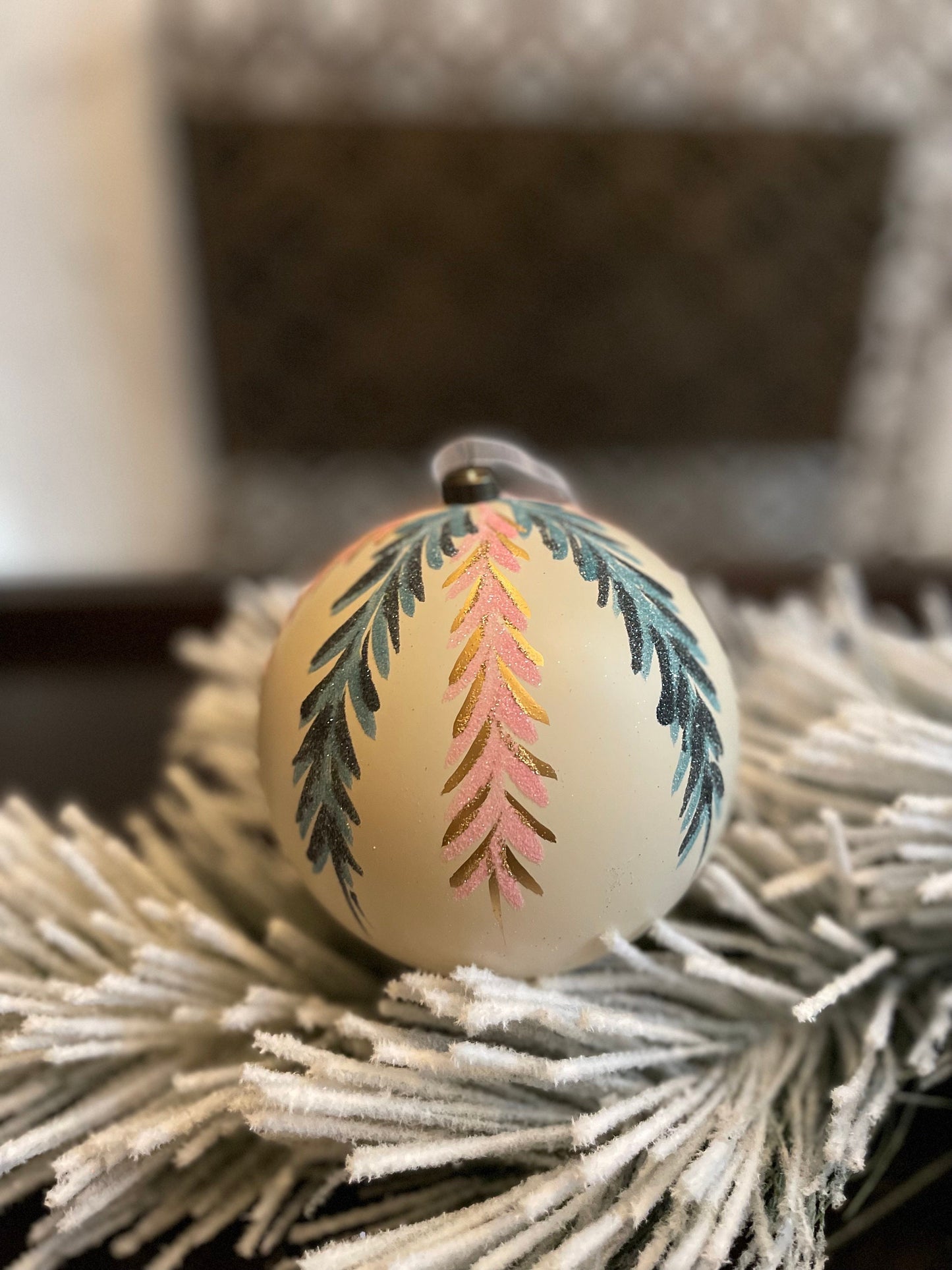 120 mm Vine ball ornament. White, pink, blue and gold. shatterproof