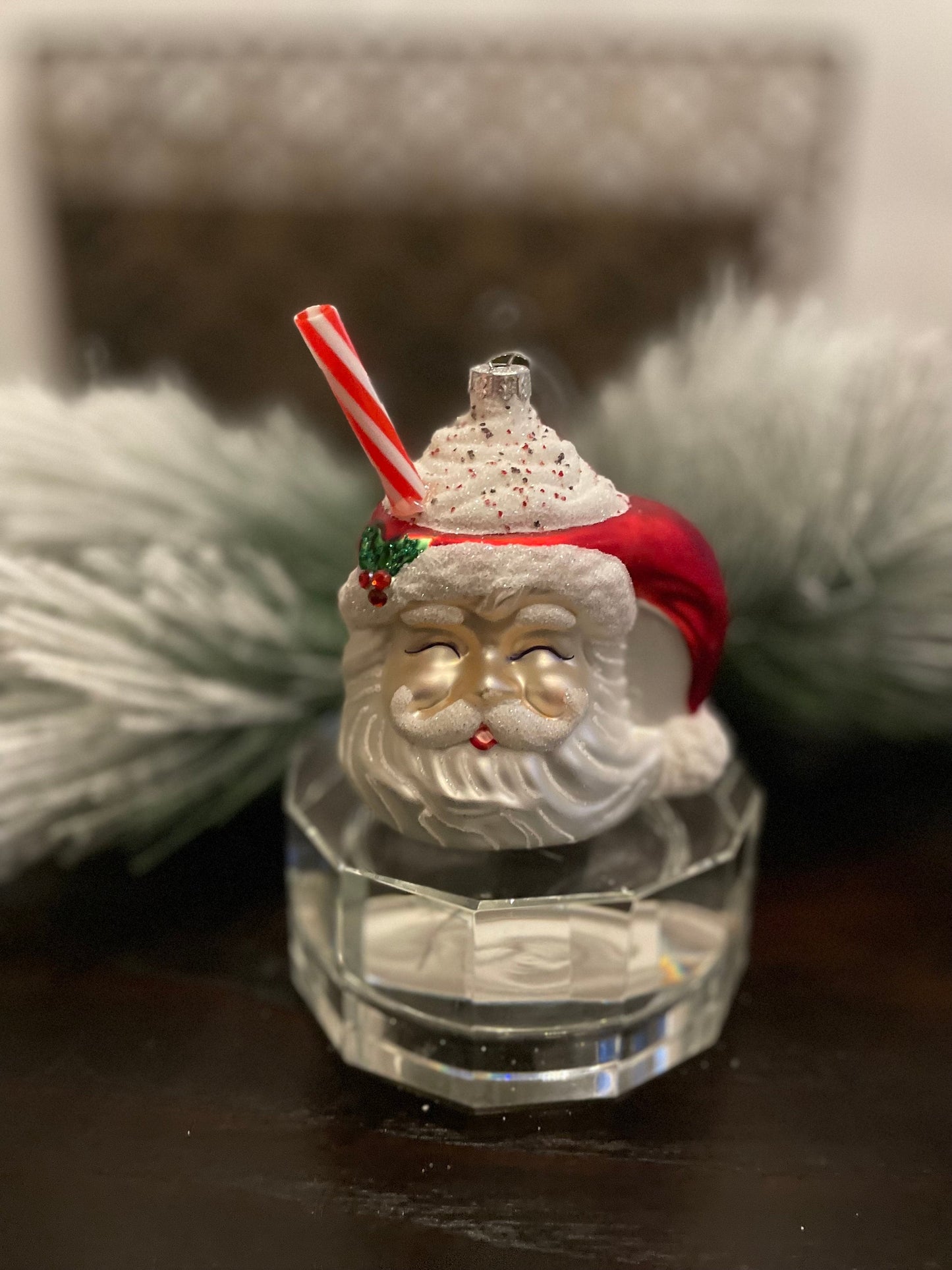 4" Santa mug with whipped cream ornament. Glass.