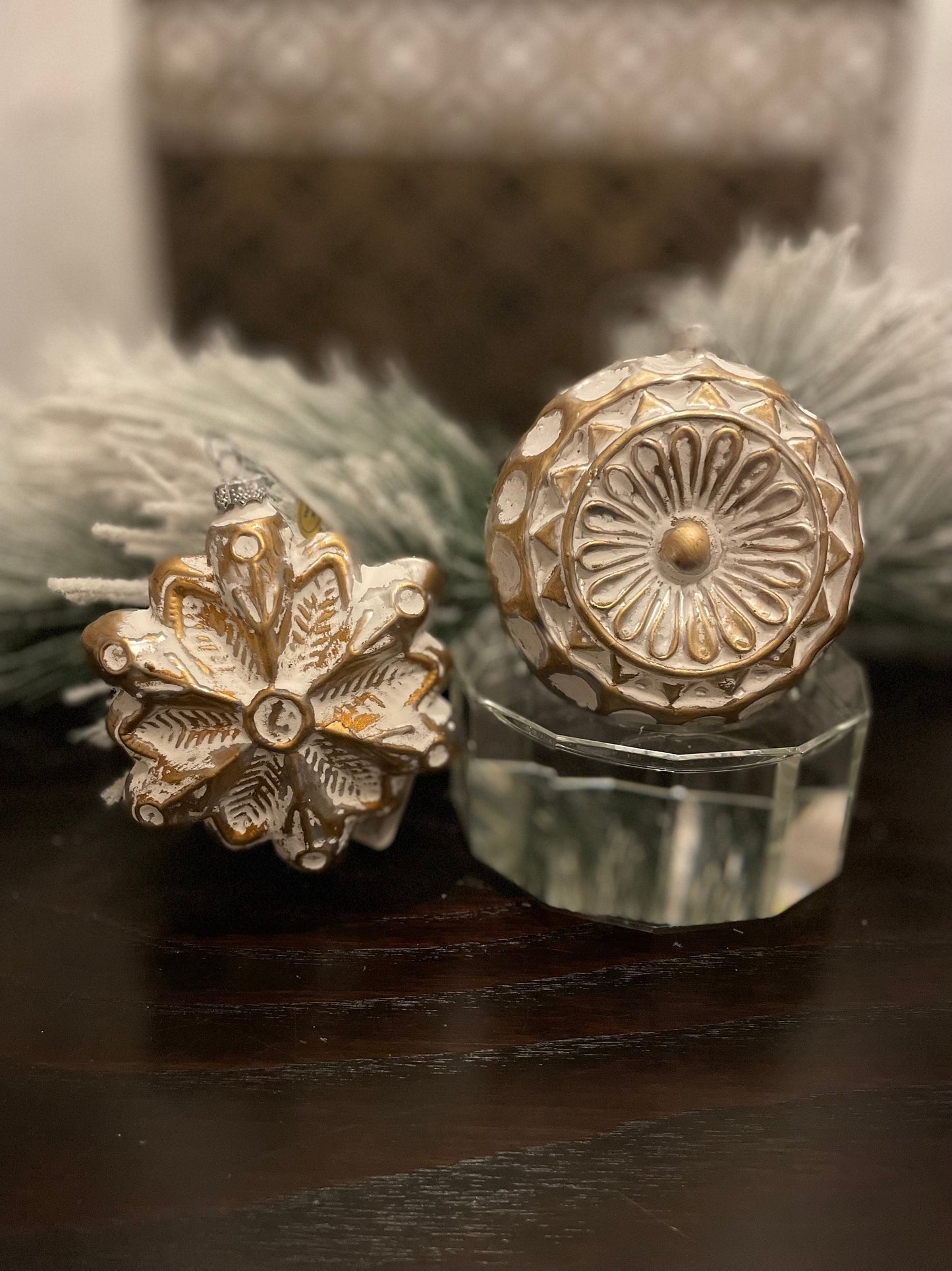 Set of 2. 4.75" Gold and white antique glass ornament.