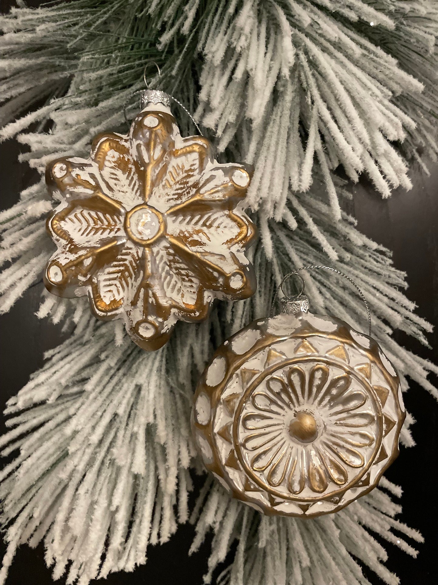 Set of 2. 4.75" Gold and white antique glass ornament.