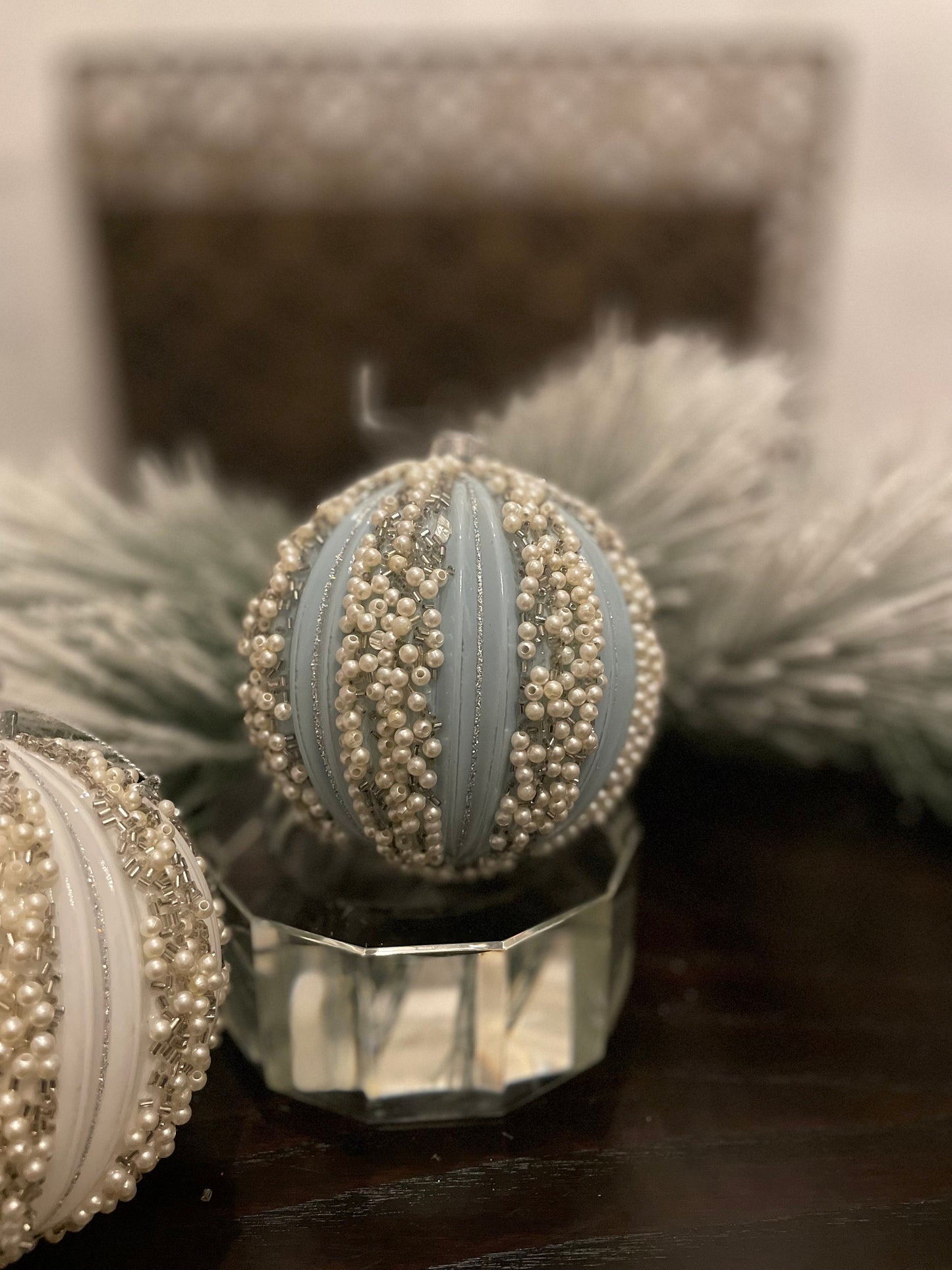 Set of 2. 4" Beaded ball ornament. White and blue.