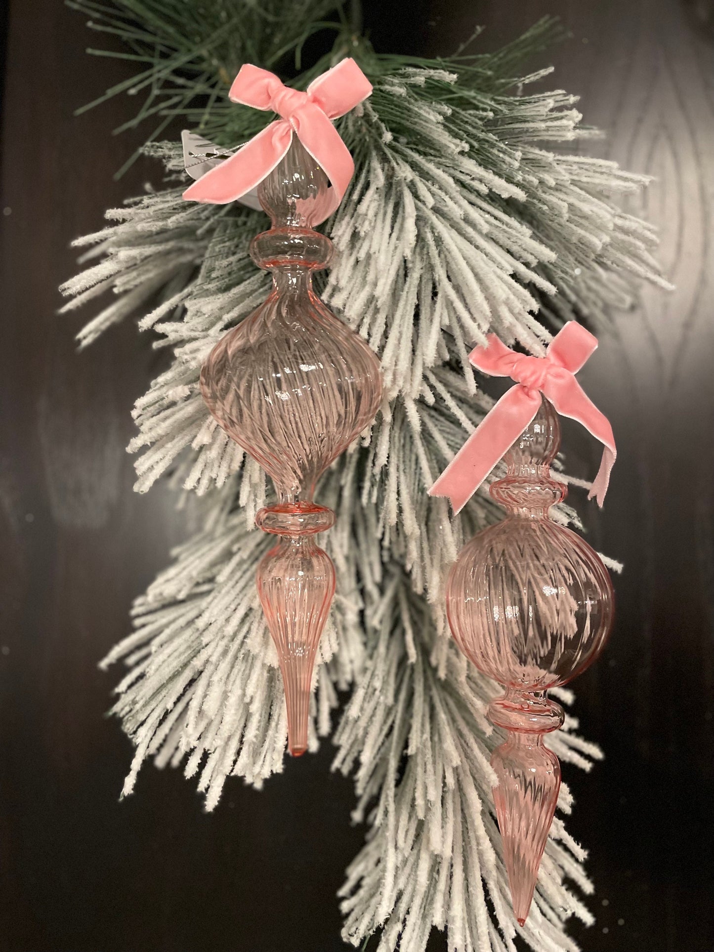 Set of 2. 11” Clear pink blown glass finial ornament.