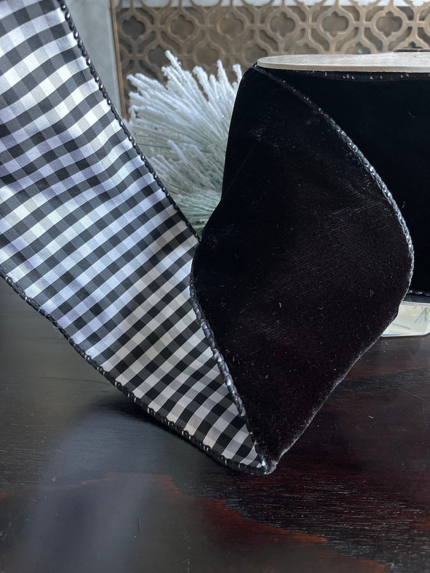 4” x 10 yds. Designer black velvet and taffeta check back ribbon. Wired. D. Stevens.