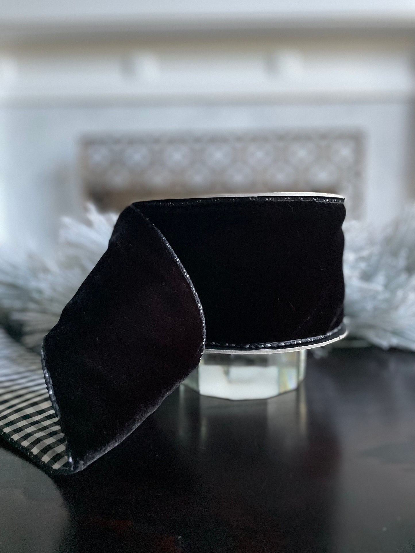 4” x 10 yds. Designer black velvet and taffeta check back ribbon. Wired. D. Stevens.
