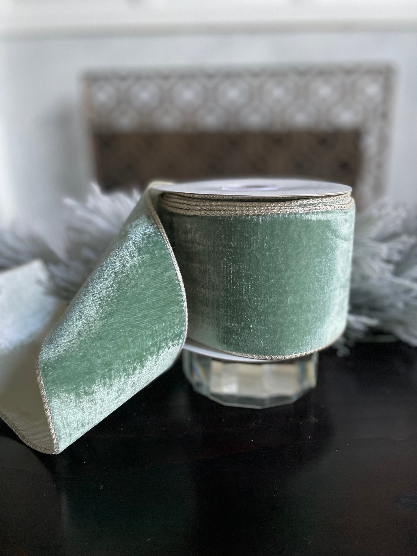 4” x 10 yds. Aqua viscose velvet metallic back ribbon. Wired. Regency.