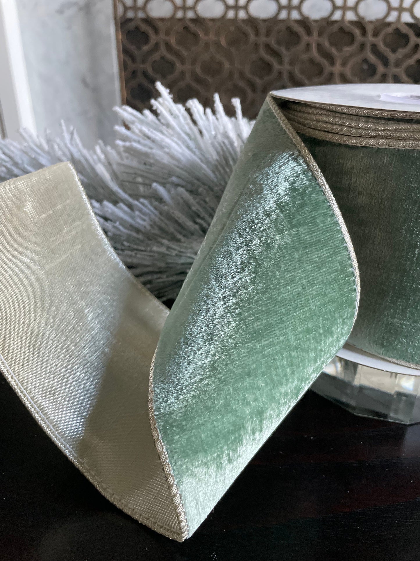 4” x 10 yds. Aqua viscose velvet metallic back ribbon. Wired. Regency.