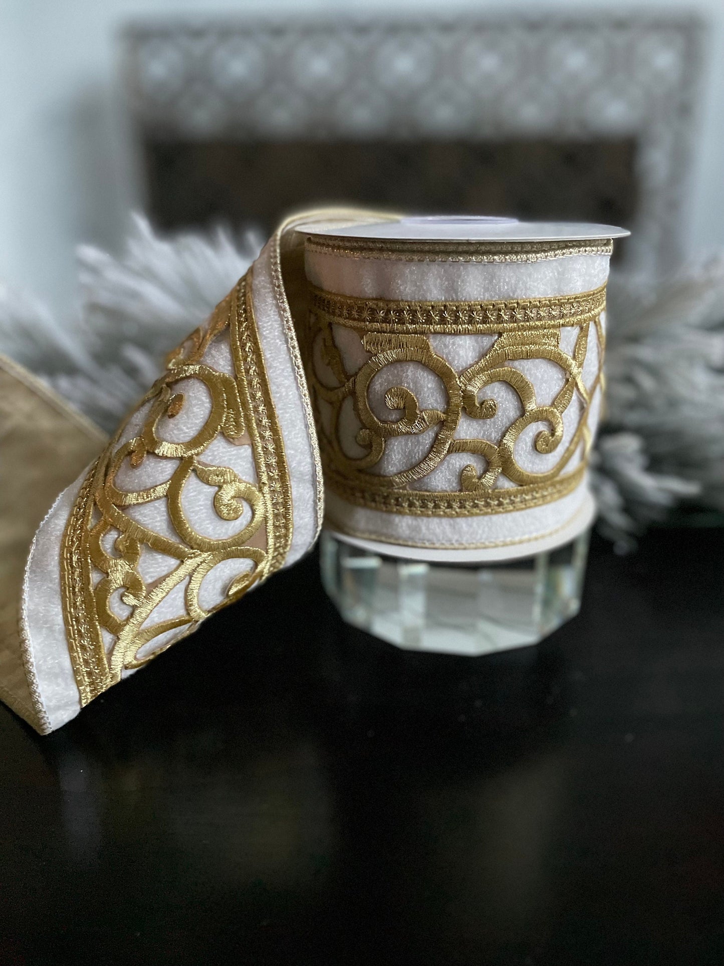4” x 5 yds. Designer ivory and gold trim on velvet ribbon. Wired. Regency.