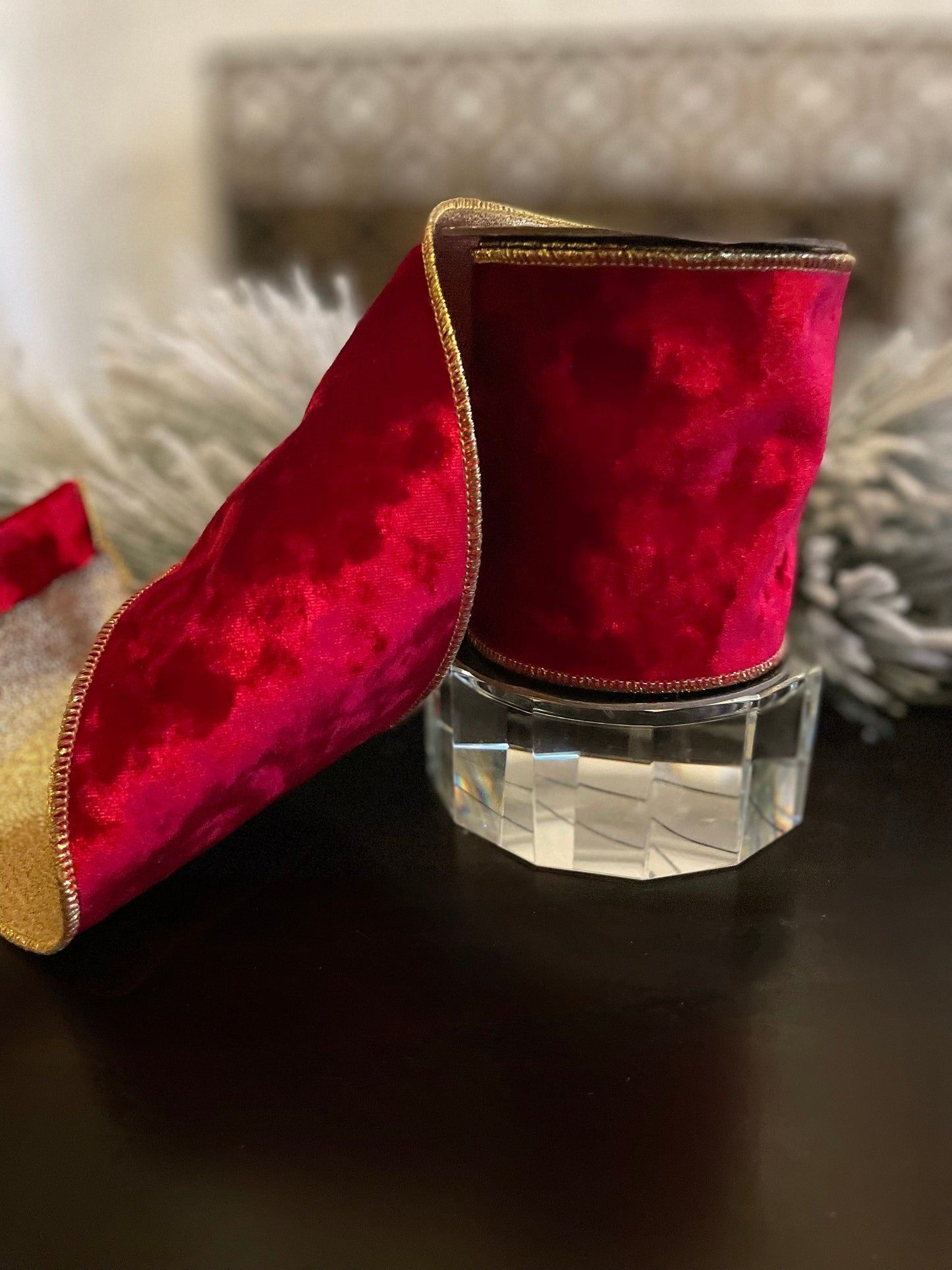 4” x 5 yds. Designer red luxury textured velvet ribbon. Wired. Regency.