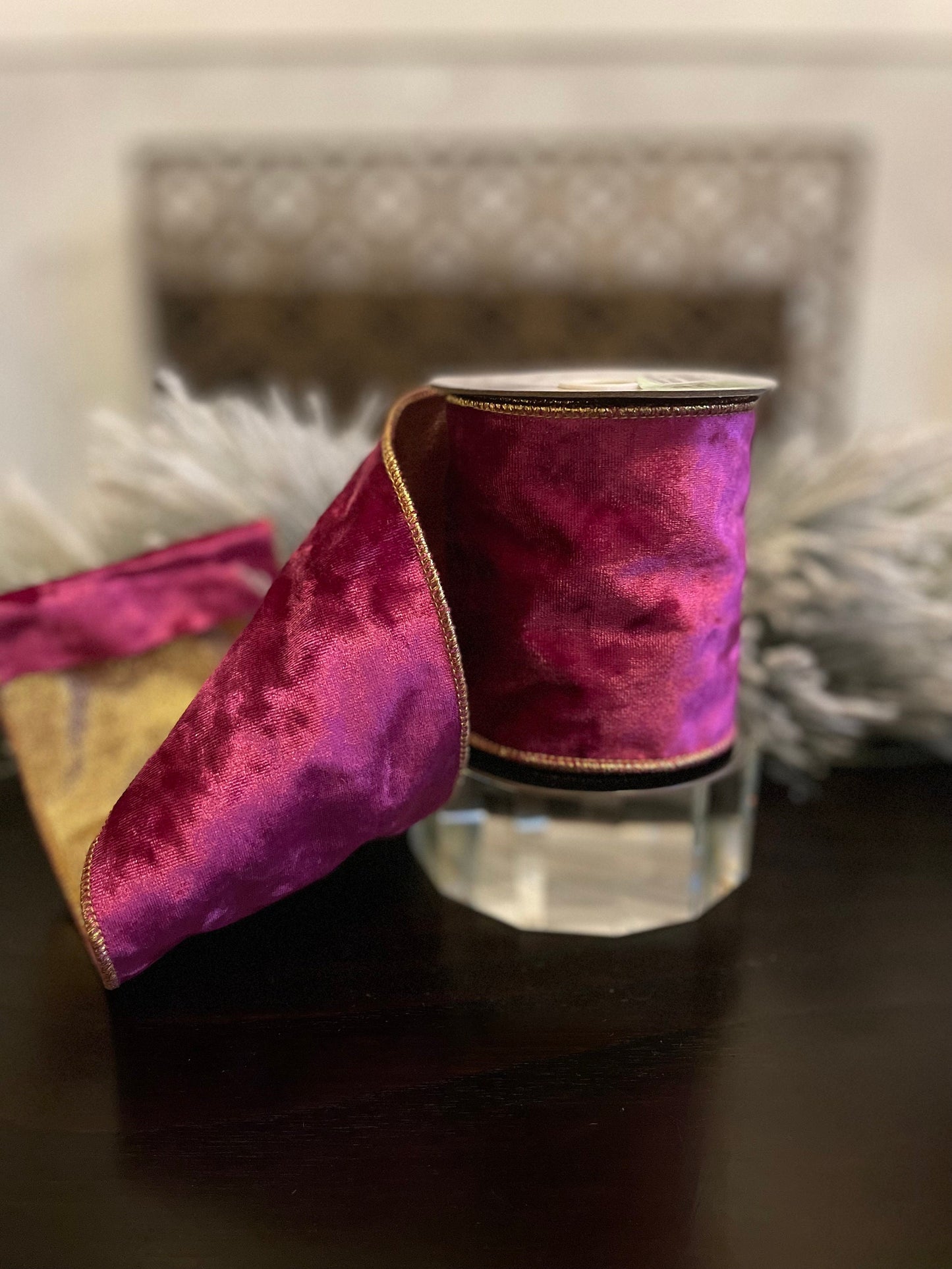 4” x 5 yds. Designer fuschia luxury textured velvet ribbon. Wired. Regency.