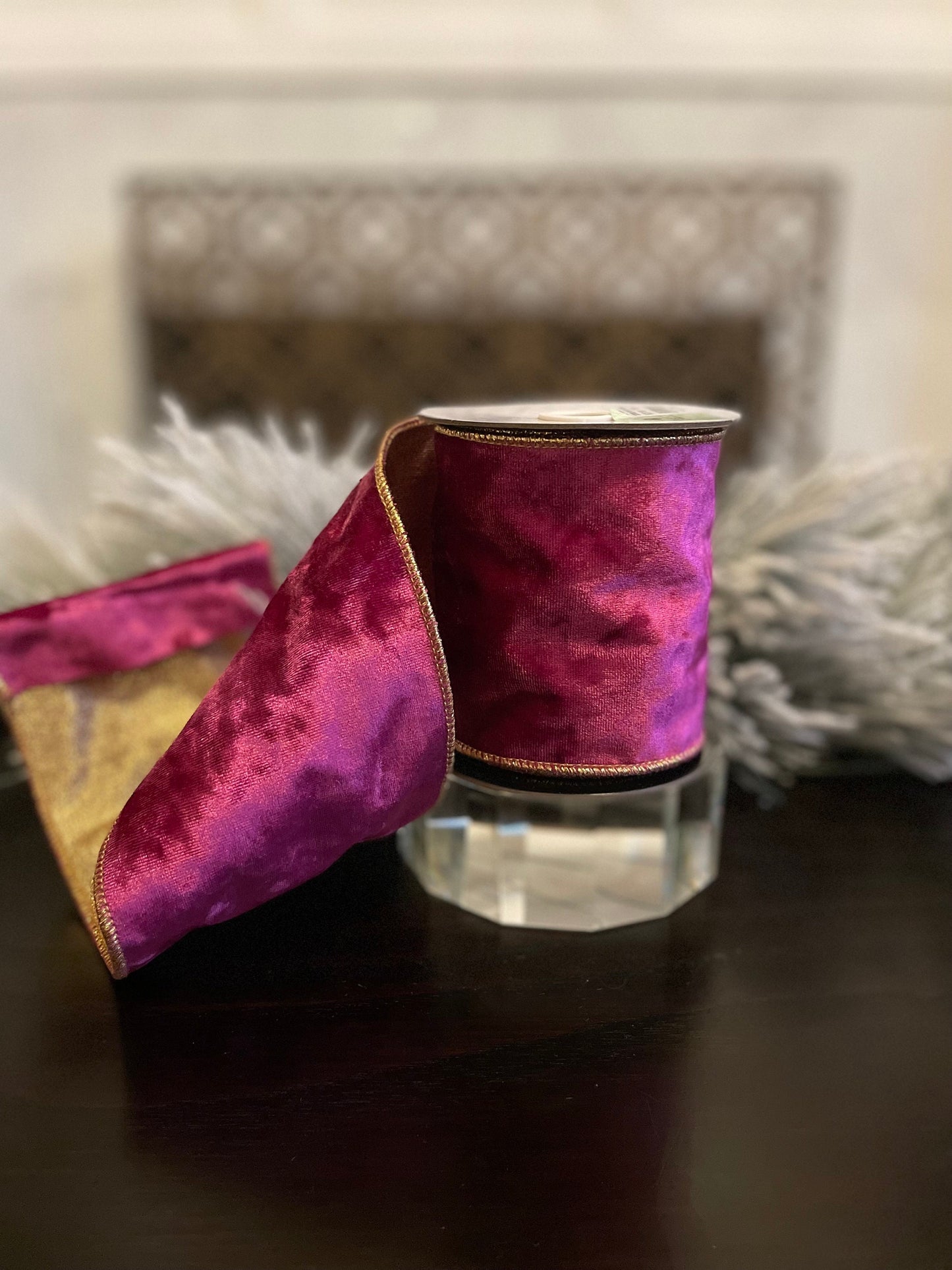 4” x 5 yds. Designer fuschia luxury textured velvet ribbon. Wired. Regency.