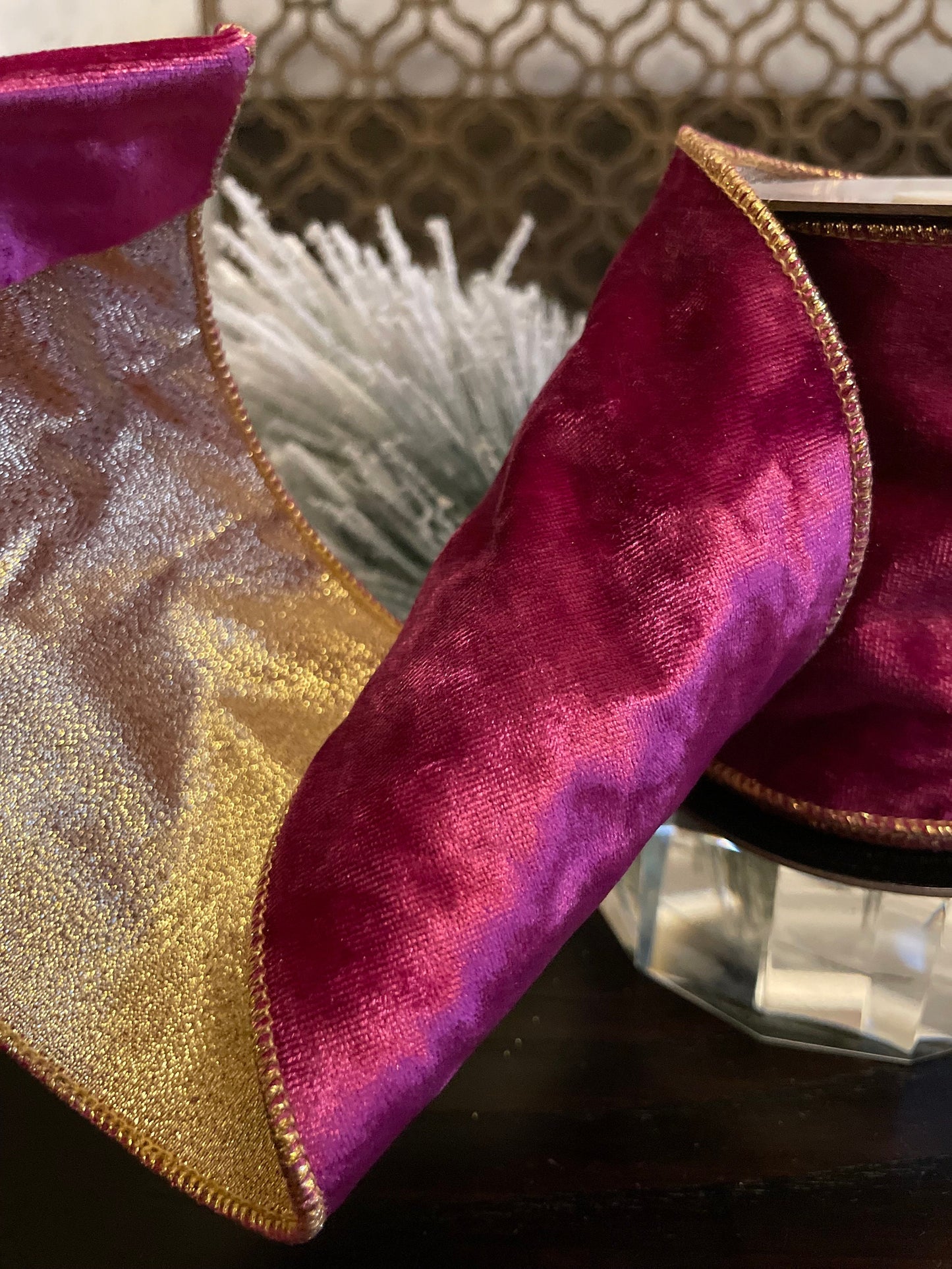 4” x 5 yds. Designer fuschia luxury textured velvet ribbon. Wired. Regency.