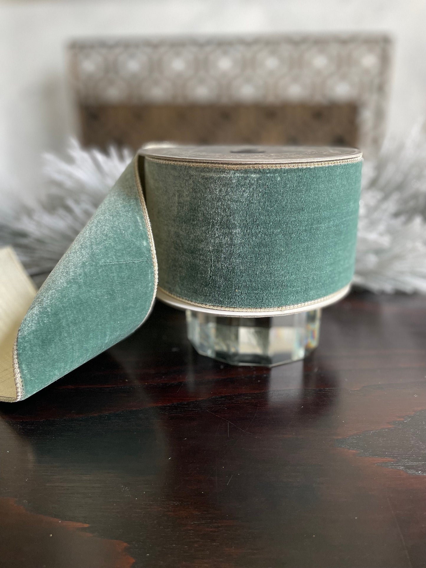 4” x 10 yds. Designer flashy velvet celadon ribbon. Wired. Farrisilk.