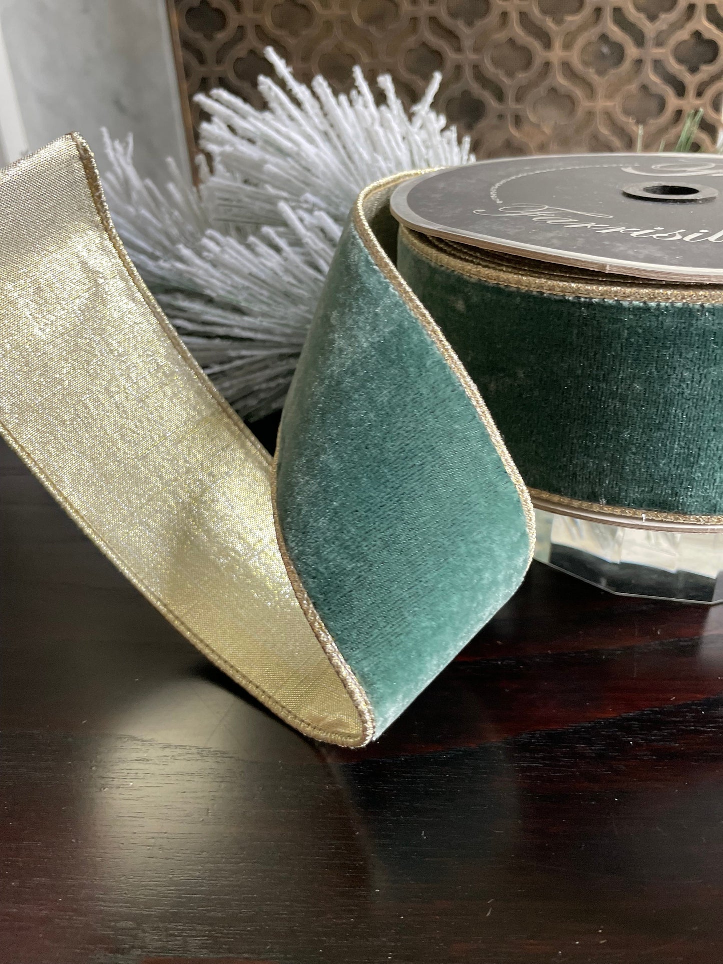 2.5” x 10 yds. Designer flashy velvet celadon ribbon. Wired. Farrisilk.