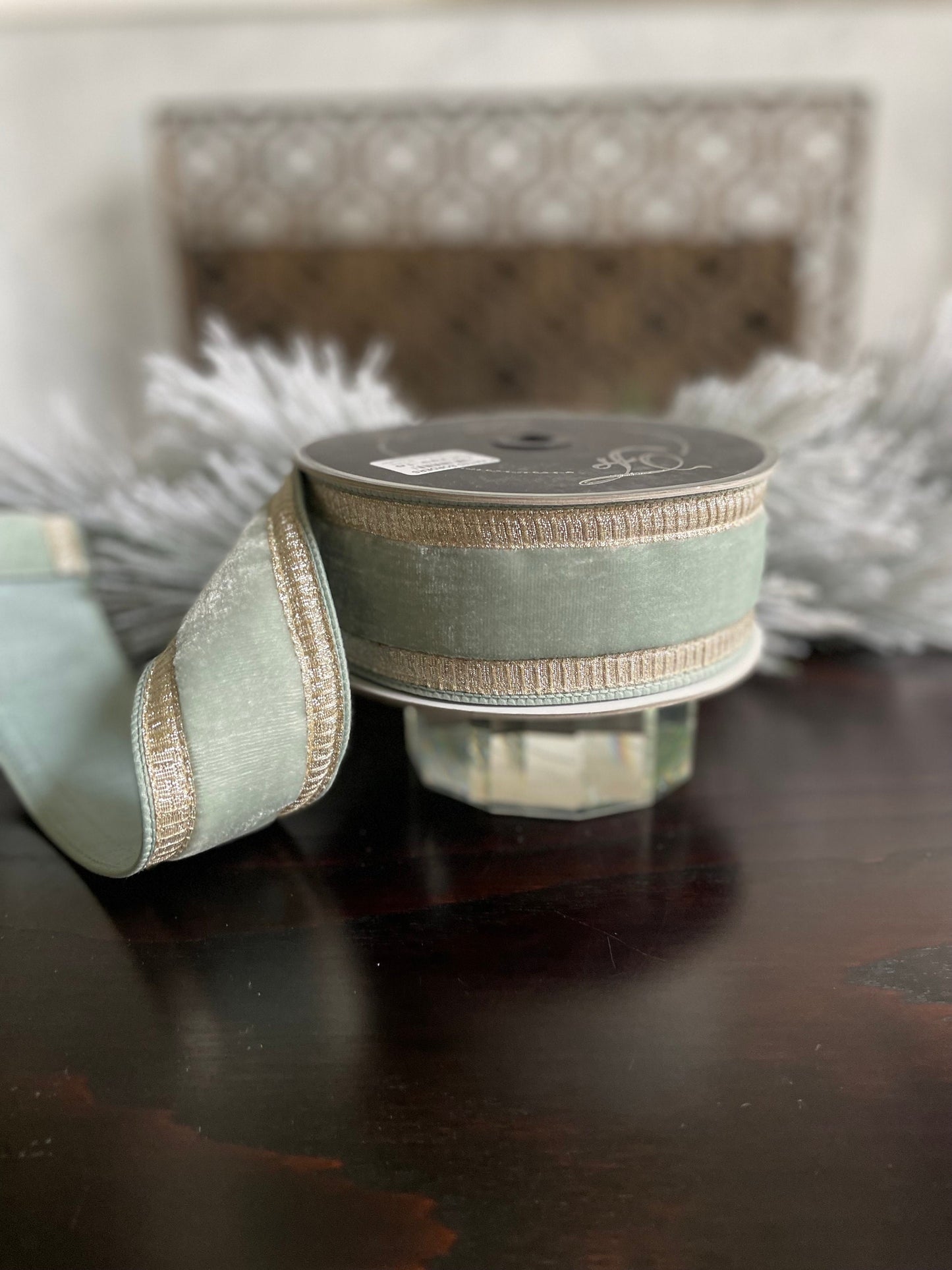 2.5” x 10 yds. Designer pleated borders velvet light blue- platinum ribbon. Wired. Farrisilk.