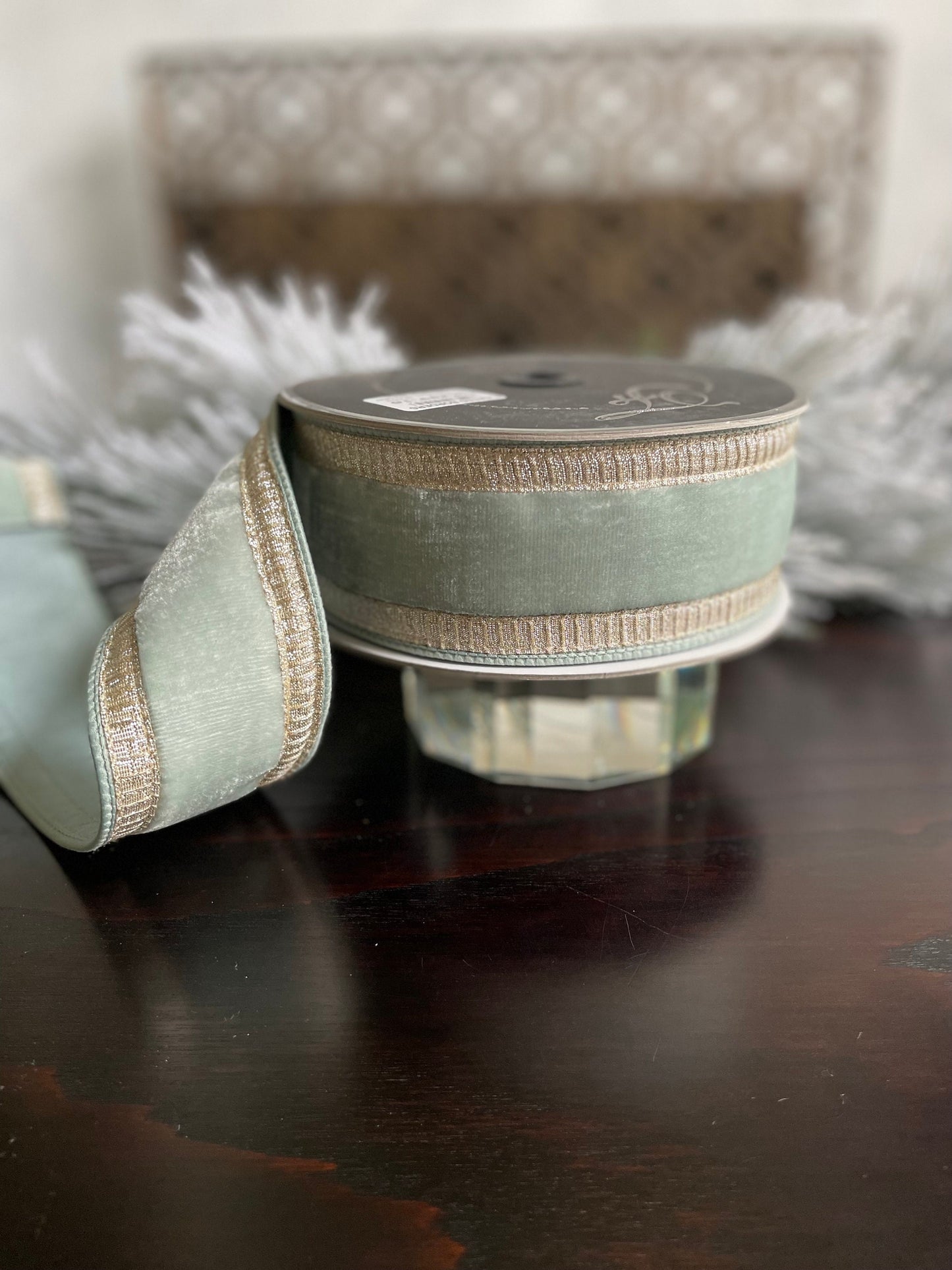 2.5” x 10 yds. Designer pleated borders velvet light blue- platinum ribbon. Wired. Farrisilk.