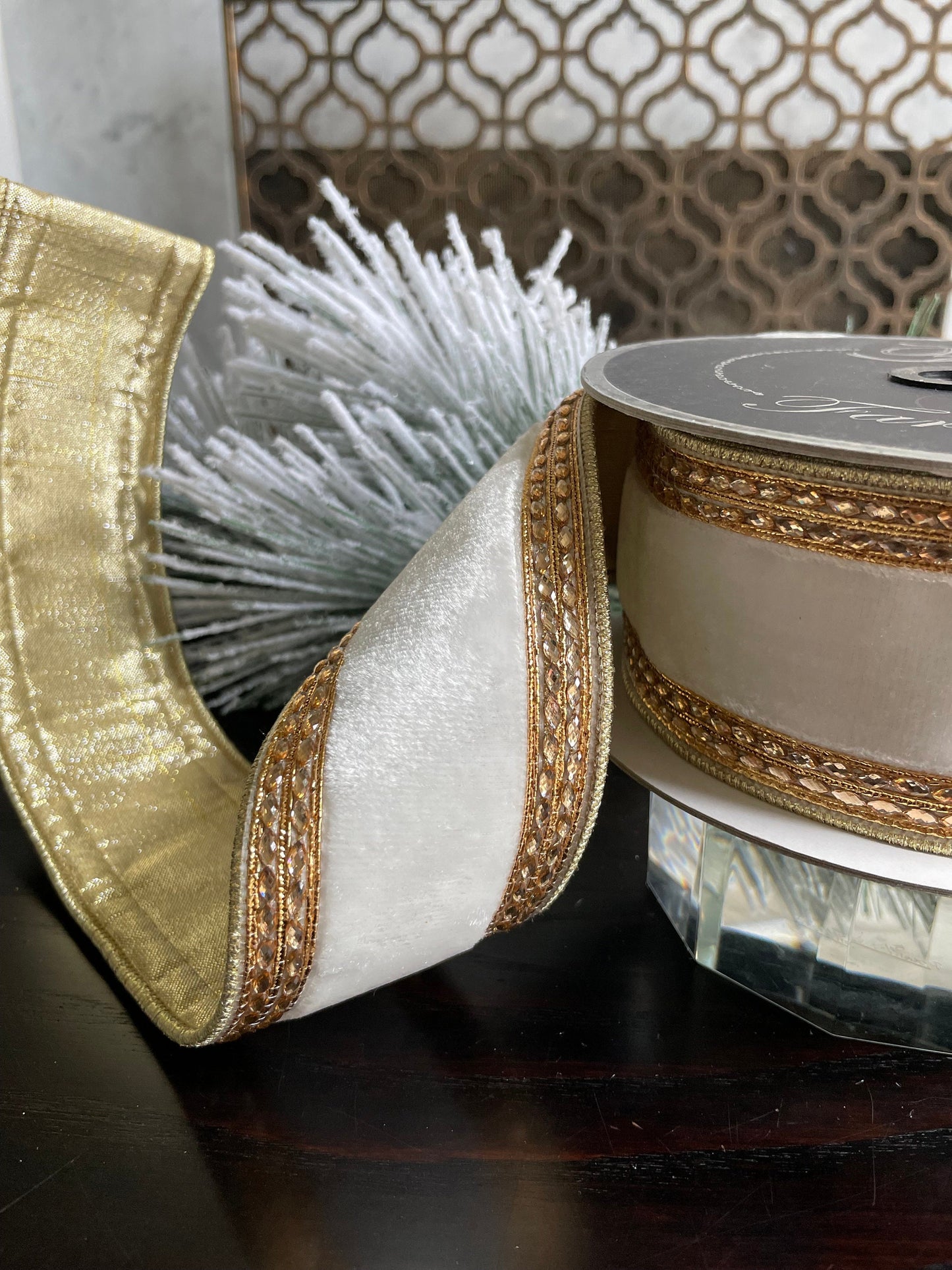 2.5” x 5 yds. Designer Queen Victoria velvet ivory ribbon with gold jewel trim. Wired. Farrisilk . Gorgeous!*