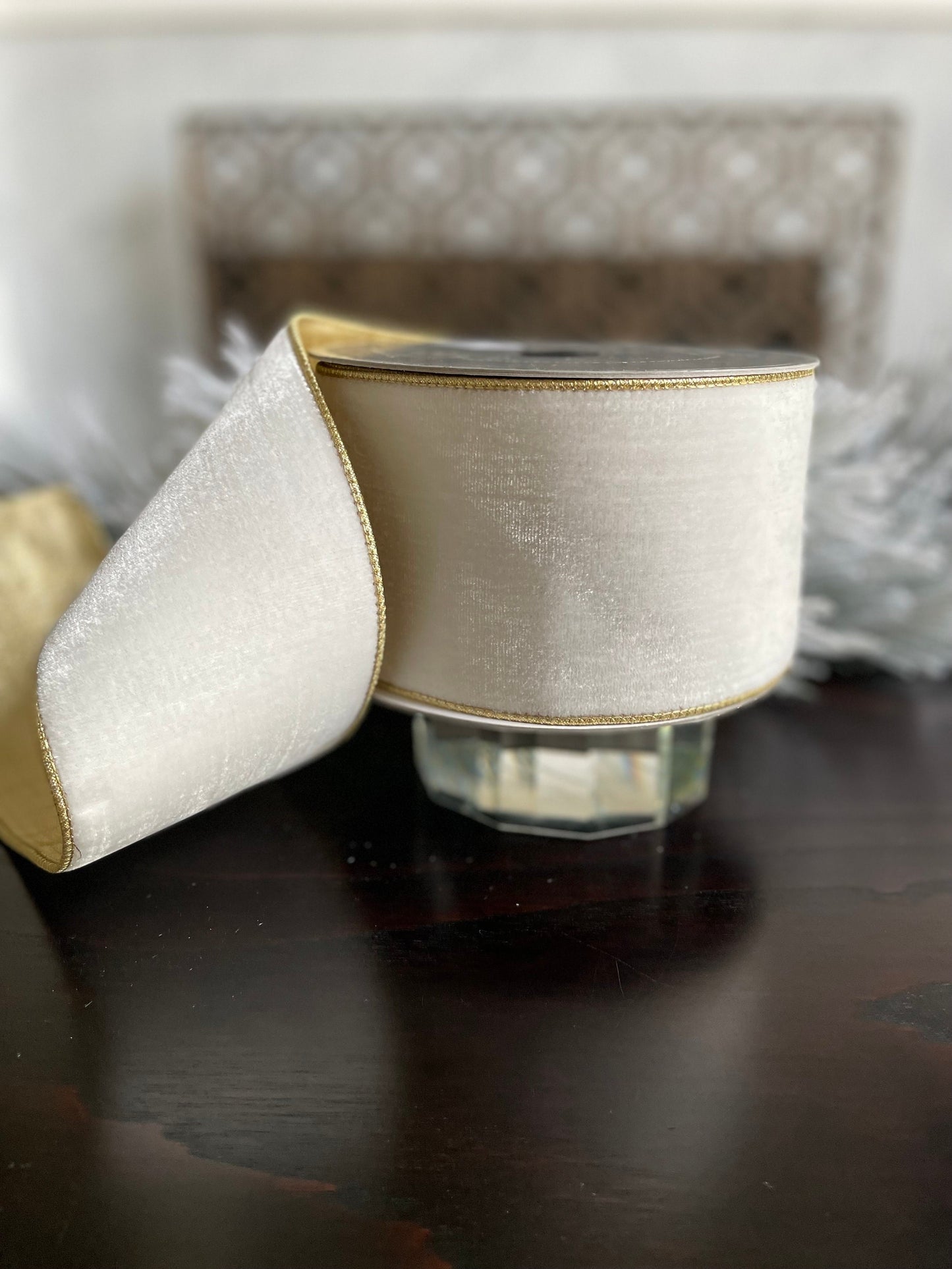 4” x 10 yds. Designer flashy velvet ivory ribbon. Wired. Farrisilk.