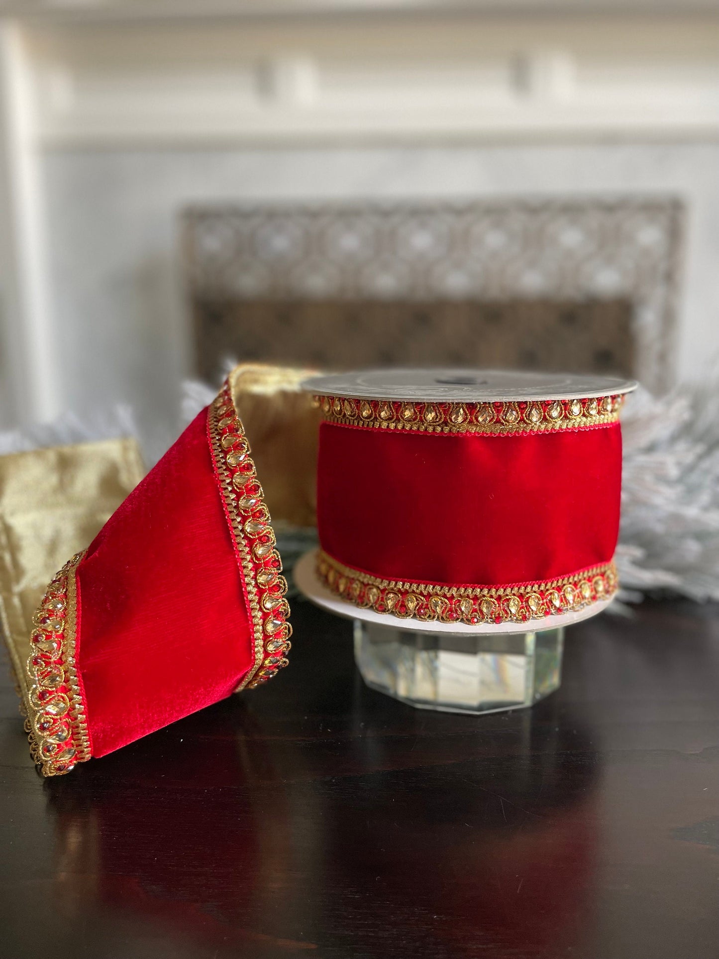 4” x 5 yds. Velvet King Edward red. Jeweled. Wired. Farrisilk.*